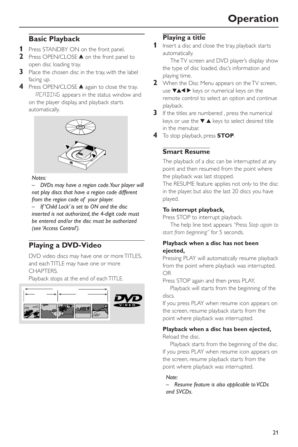 Operation, Basic playback 1, Playing a dvd-video | Philips SACD-DVD Player User Manual | Page 21 / 36