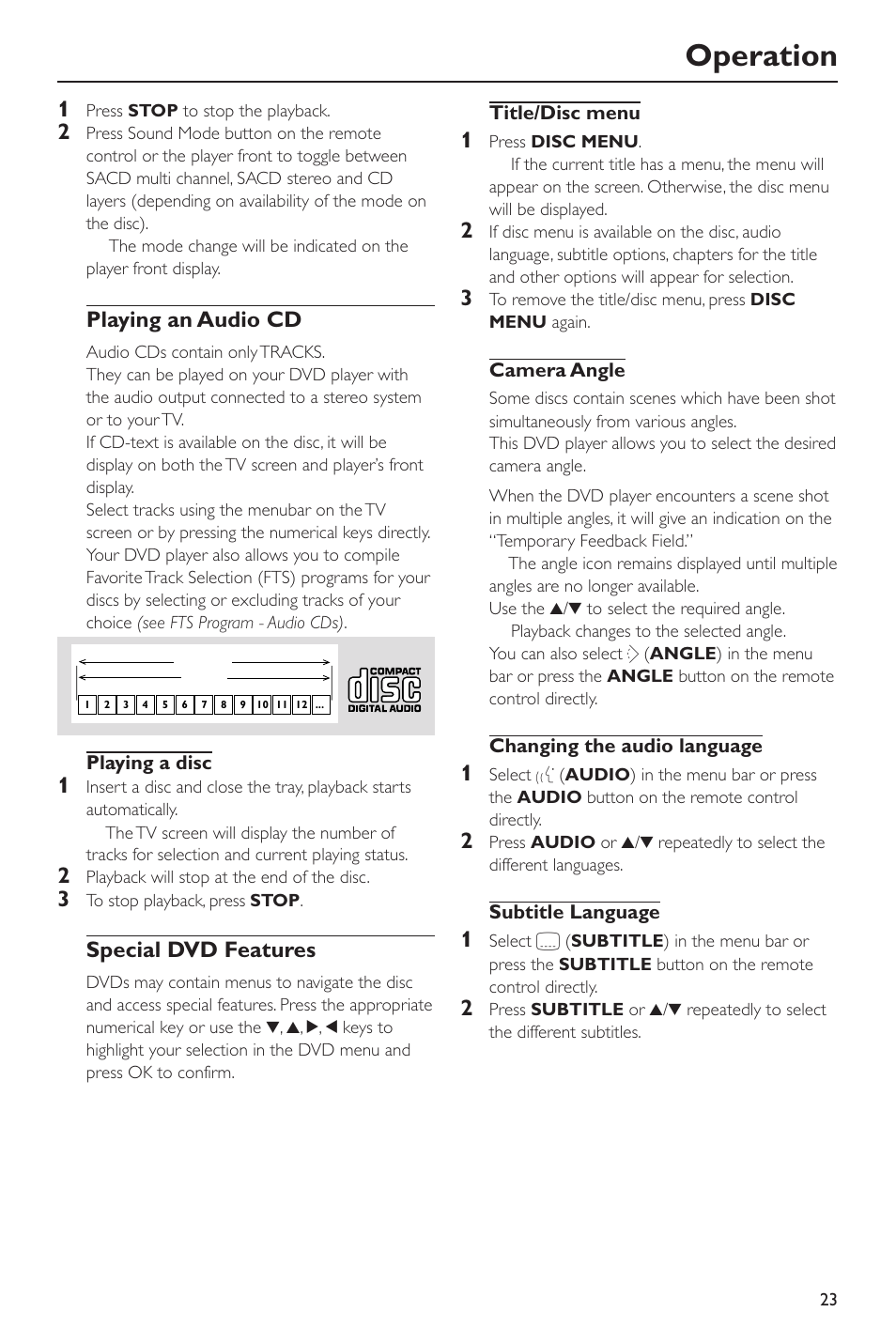 Operation, Playing an audio cd, Special dvd features | Philips SACD-DVD Player User Manual | Page 23 / 36