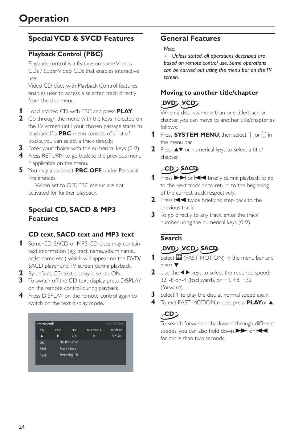 Operation | Philips SACD-DVD Player User Manual | Page 24 / 36