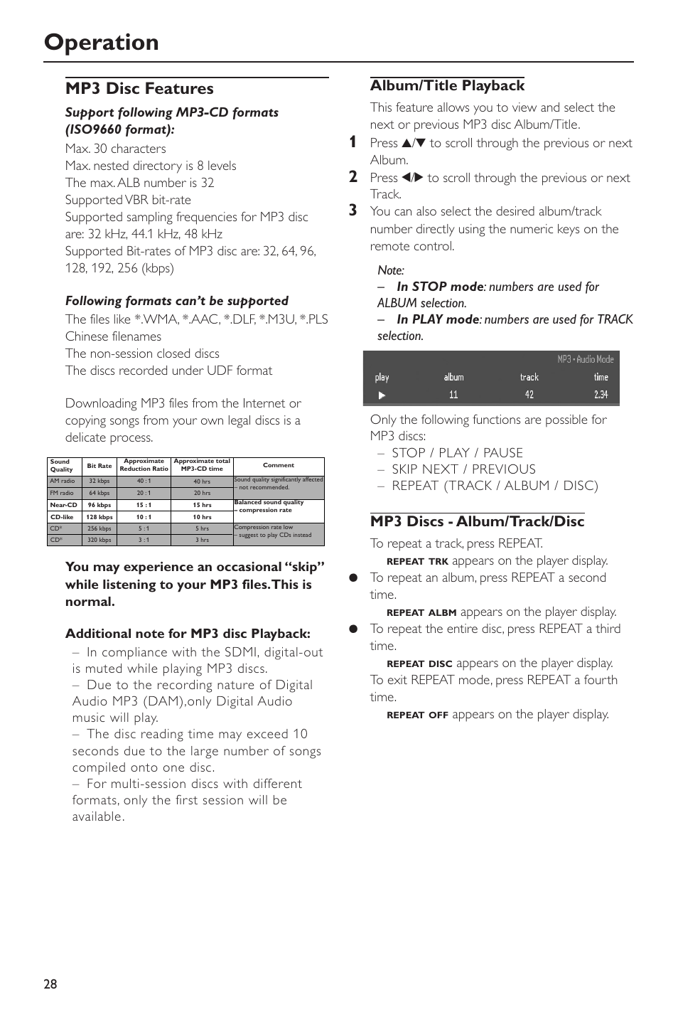 Operation, Mp3 disc features, Album/title playback | Mp3 discs - album/track/disc, Appears on the player display | Philips SACD-DVD Player User Manual | Page 28 / 36