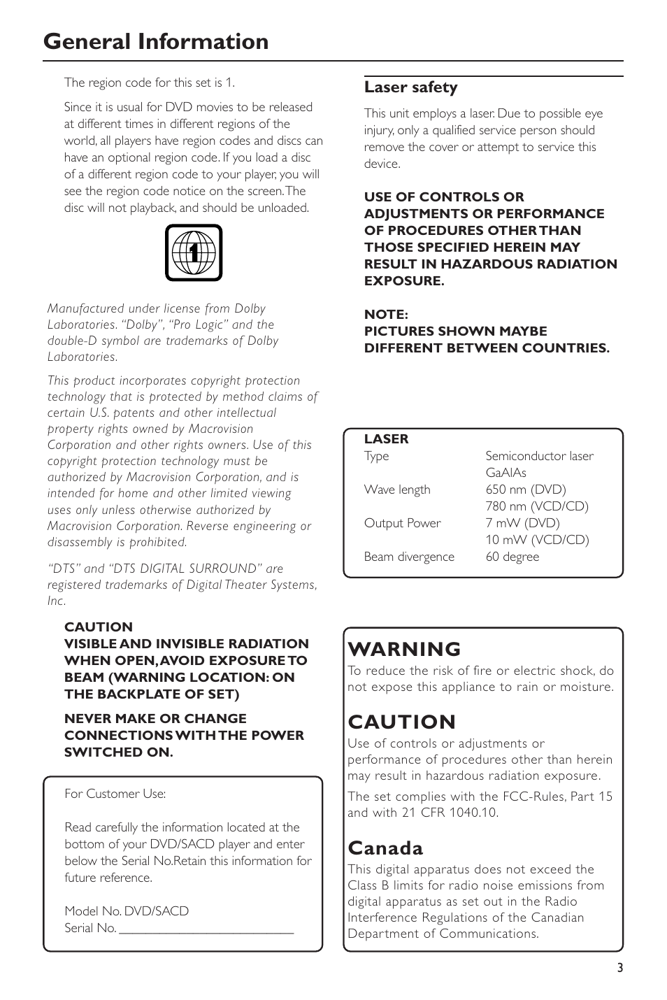 General information, Warning, Caution | Canada | Philips SACD-DVD Player User Manual | Page 3 / 36