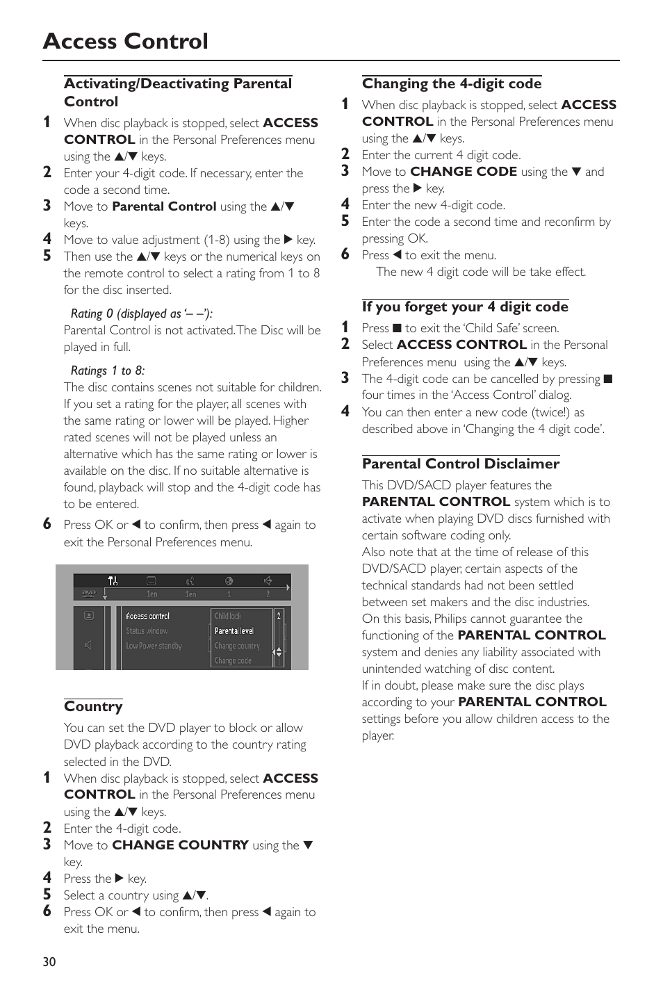 Access control | Philips SACD-DVD Player User Manual | Page 30 / 36