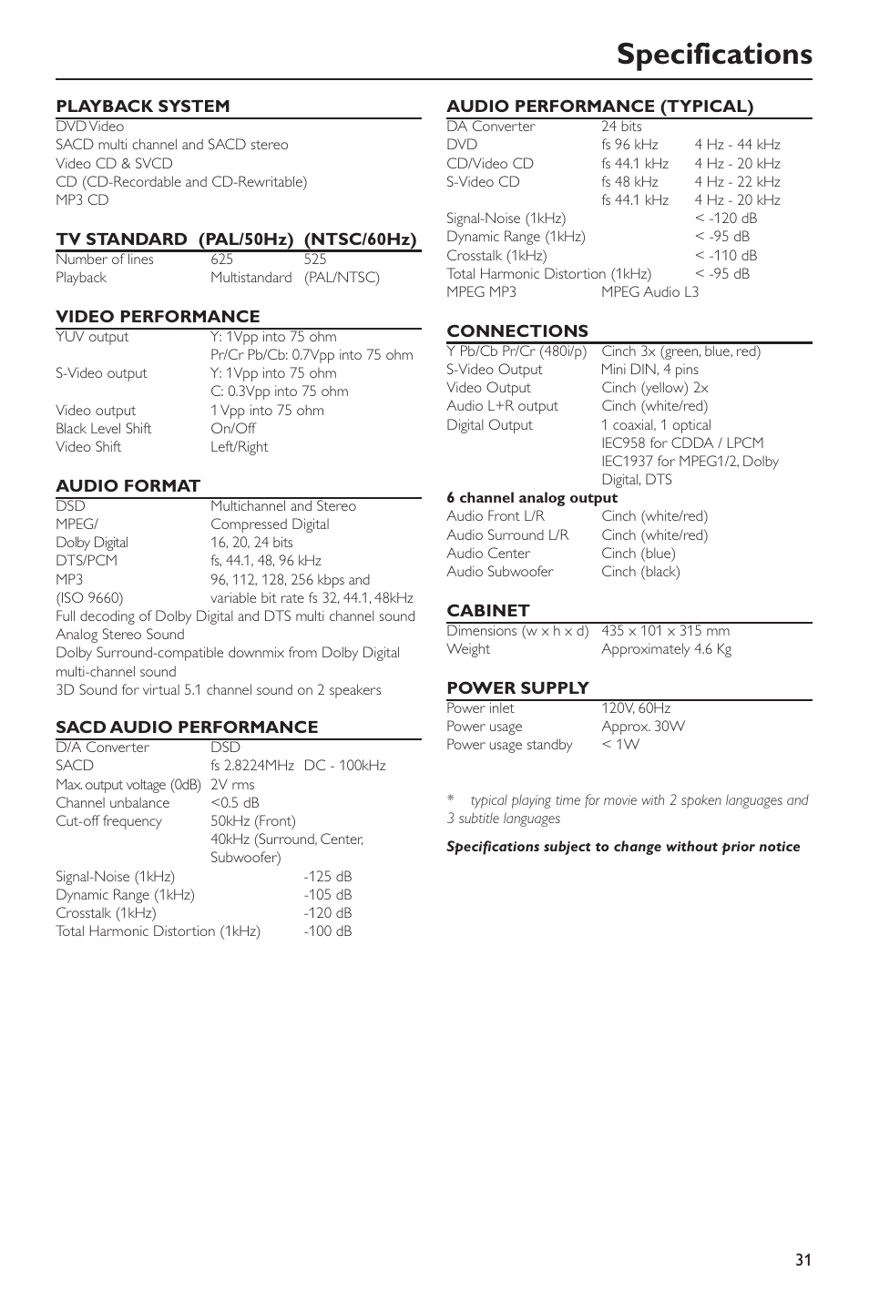 Specifications | Philips SACD-DVD Player User Manual | Page 31 / 36