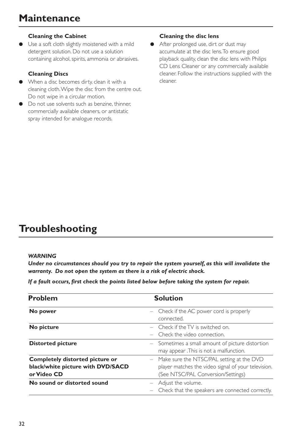 Troubleshooting, Maintenance, Problem solution | Philips SACD-DVD Player User Manual | Page 32 / 36