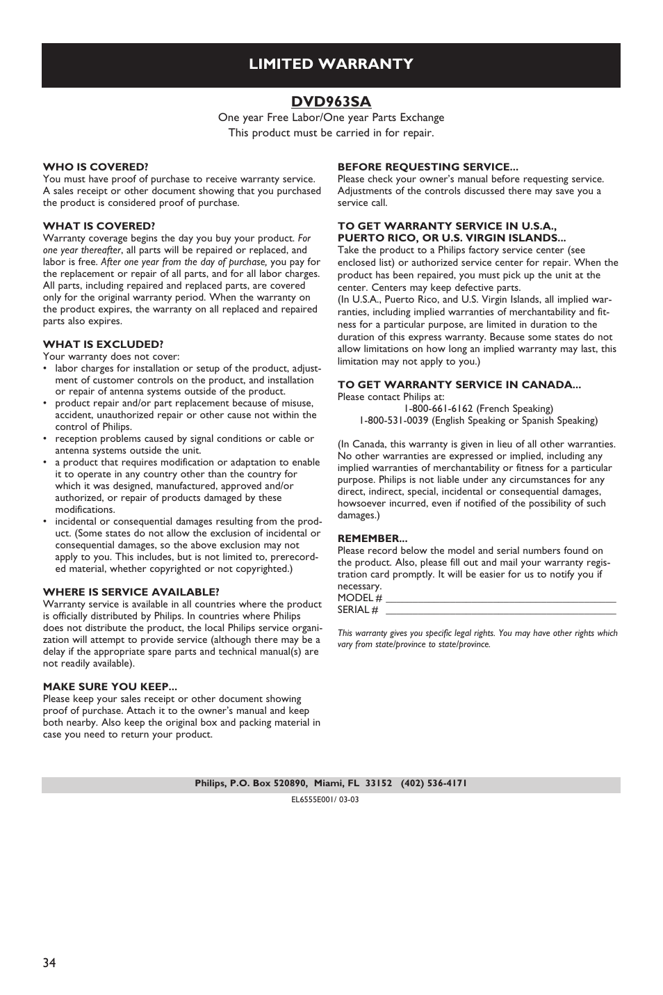 Dvd963sa, Limited warranty | Philips SACD-DVD Player User Manual | Page 34 / 36