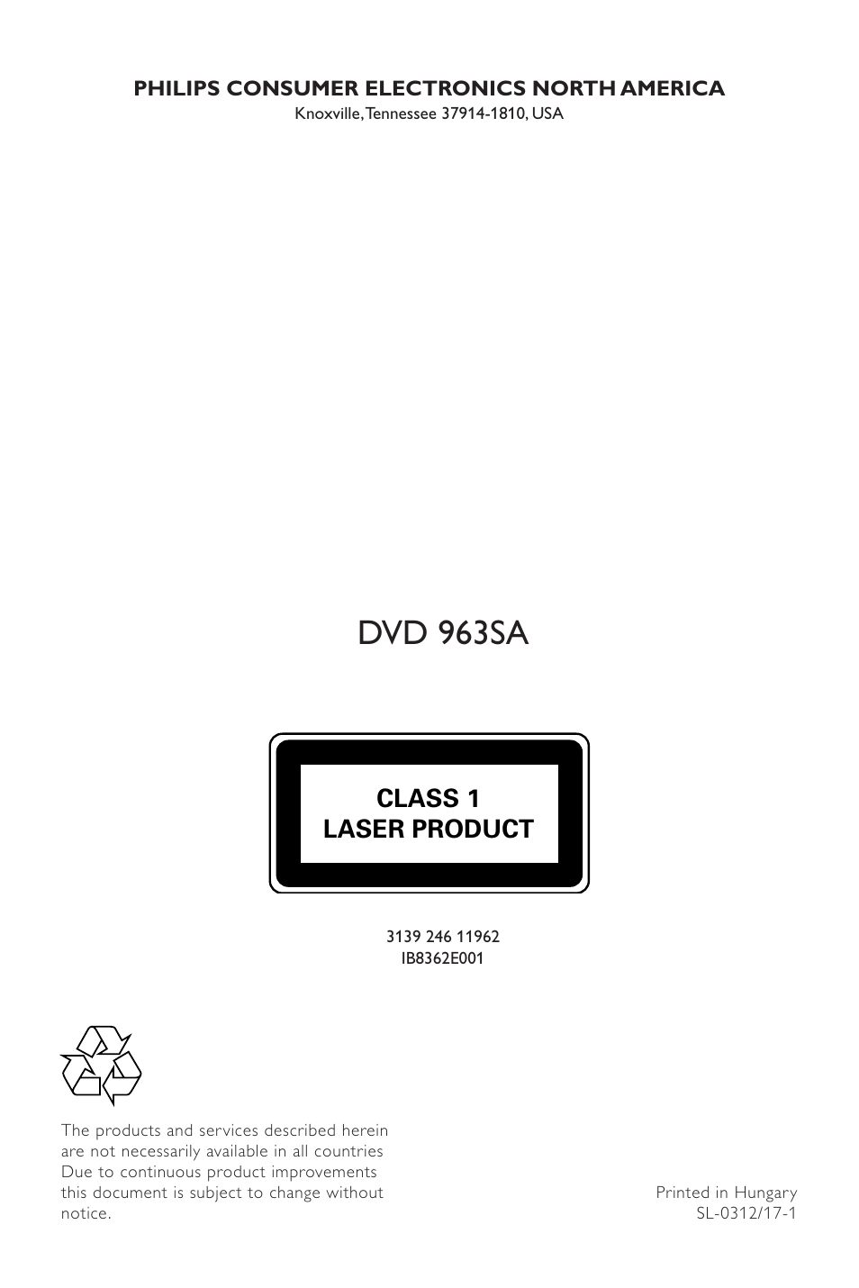 Dvd 963sa, Class 1 laser product | Philips SACD-DVD Player User Manual | Page 36 / 36
