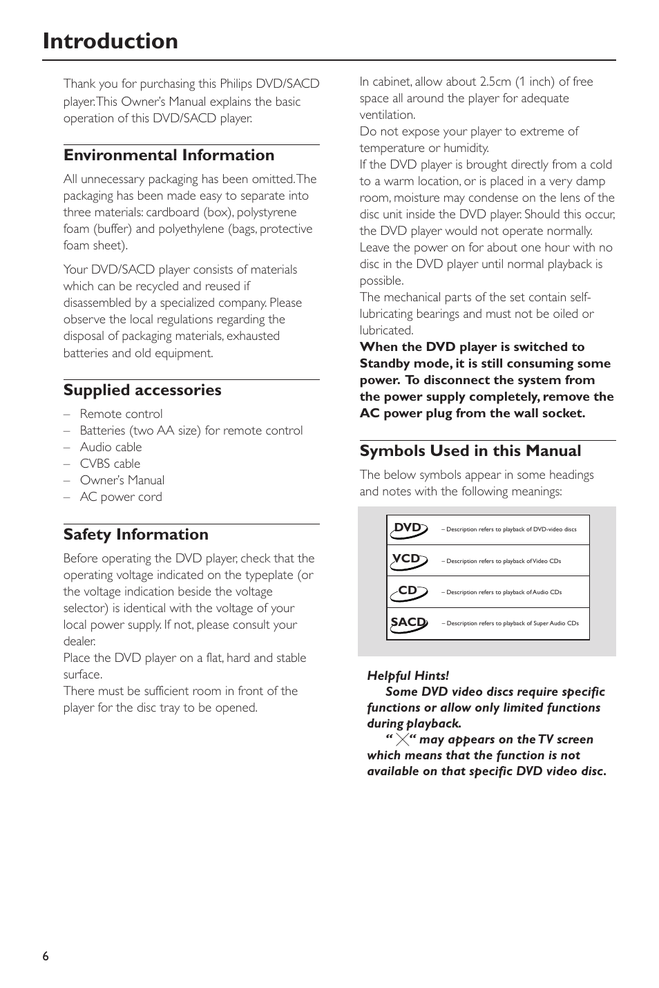 Introduction, Environmental information, Supplied accessories | Safety information, Symbols used in this manual | Philips SACD-DVD Player User Manual | Page 6 / 36