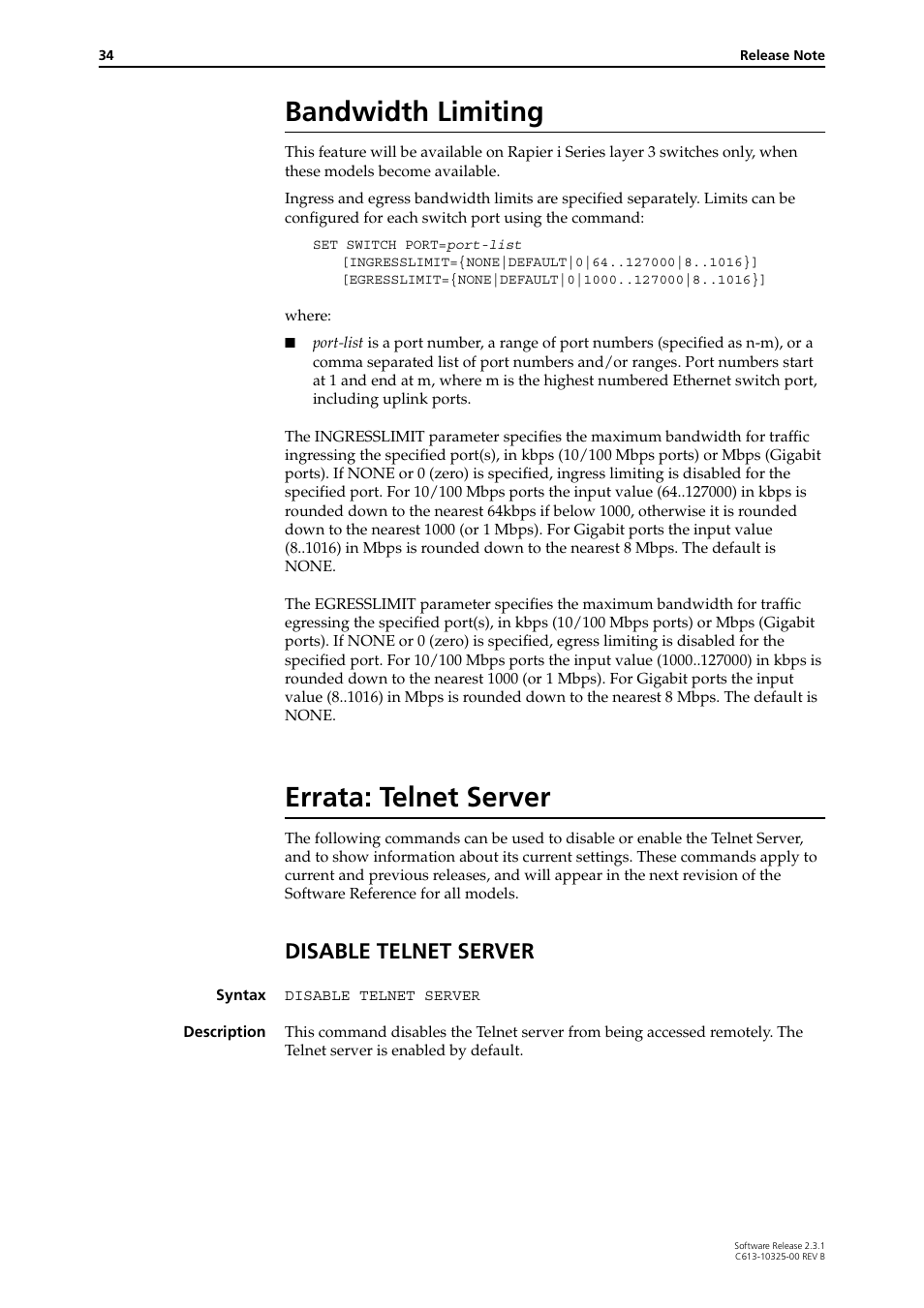 Bandwidth limiting, Errata: telnet server, Disable telnet server | Bandwidth limiting errata: telnet server | Allied Telesis AR300 series User Manual | Page 34 / 36