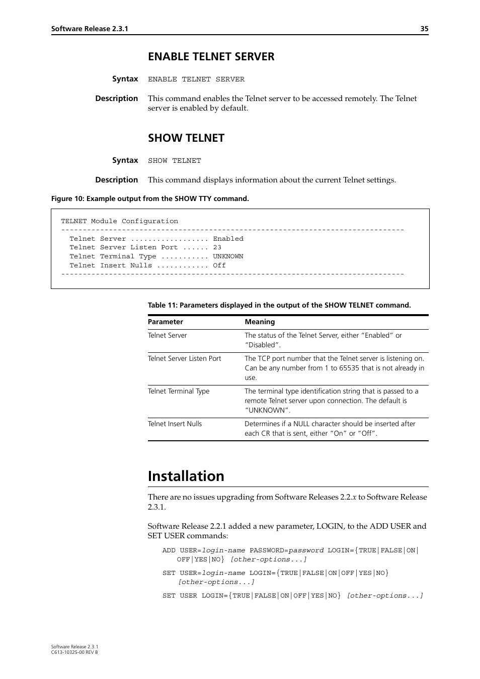 Enable telnet server, Show telnet, Installation | Enable telnet server show telnet | Allied Telesis AR300 series User Manual | Page 35 / 36