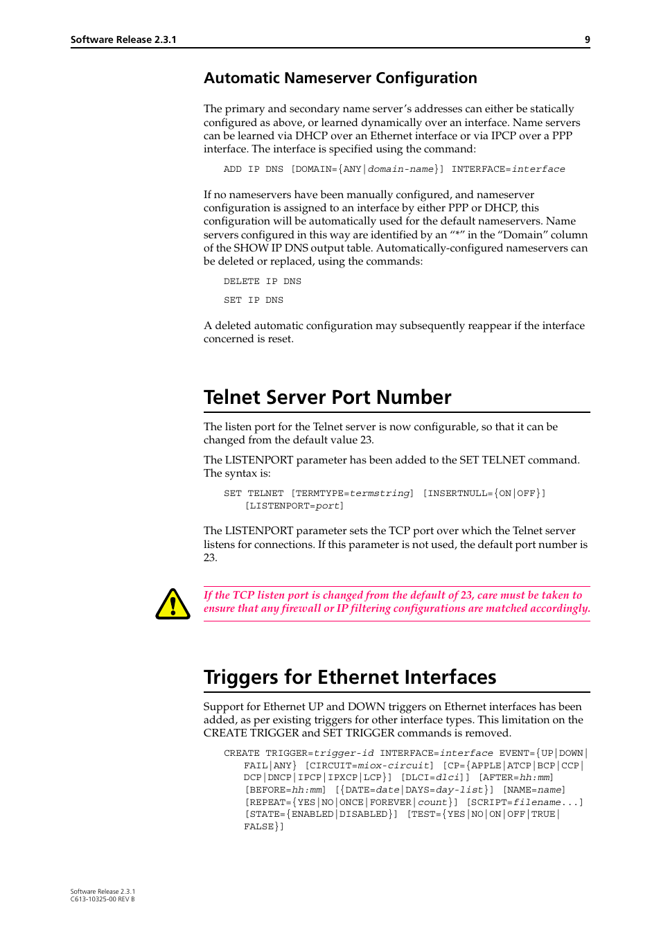 Automatic nameserver configuration, Telnet server port number, Triggers for ethernet interfaces | Allied Telesis AR300 series User Manual | Page 9 / 36