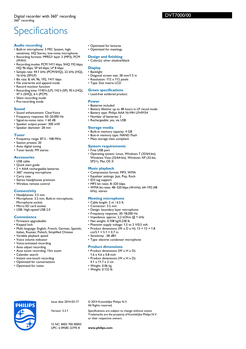 Specifications | Philips Voice Tracer digital recorder DVT7000 360° recording with 360° recording User Manual | Page 3 / 3