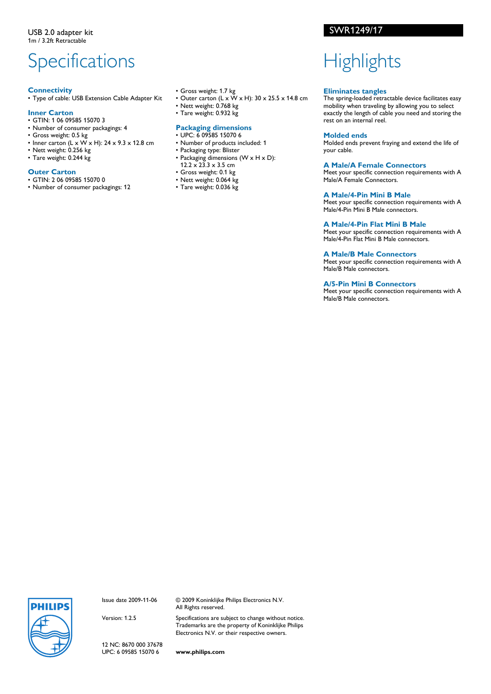 Specifications, Highlights | Philips SWR1249-17 User Manual | Page 2 / 2