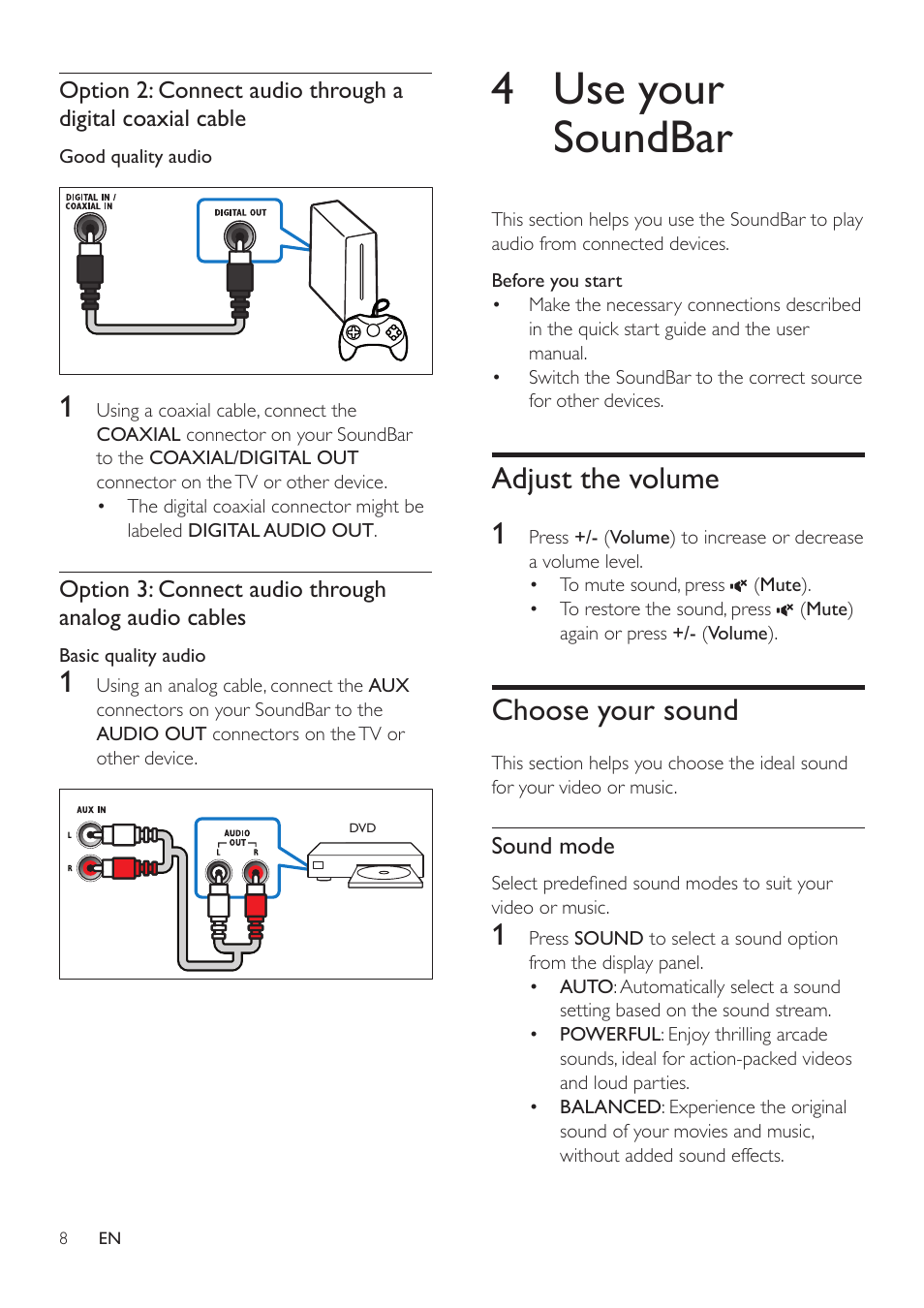 Connect audio from tv and other devices, 4 use your soundbar, Adjust the volume | Choose your sound | Philips HTL2153B-F7 User Manual | Page 10 / 18