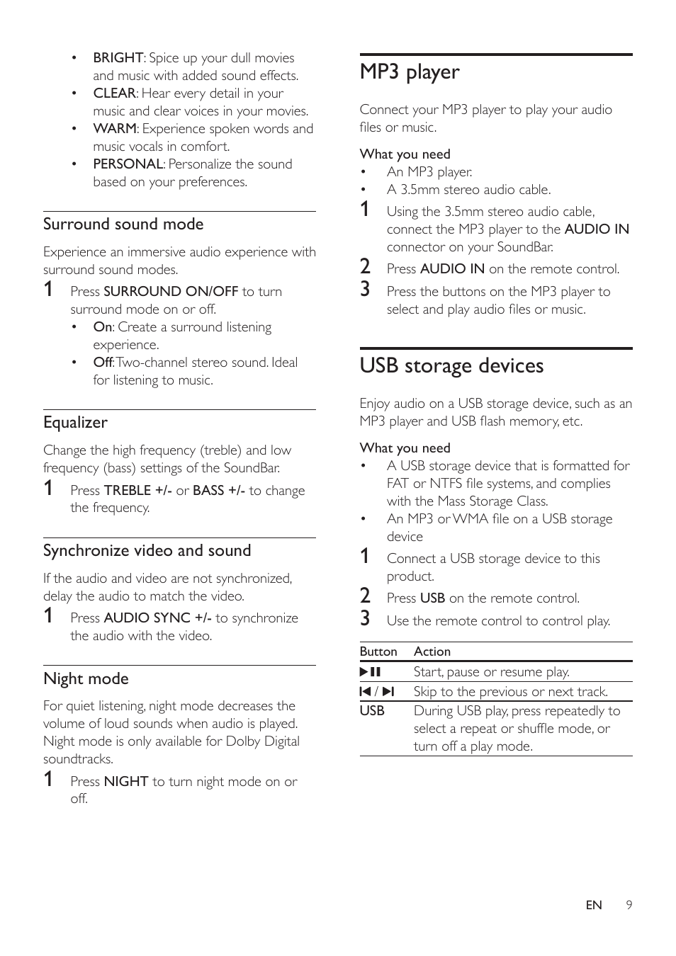 4 use your soundbar, Adjust the volume, Choose your sound | Sound mode, Surround sound mode, Equalizer, Synchronize video and sound, Night mode, Mp3 player, Usb storage devices | Philips HTL2153B-F7 User Manual | Page 11 / 18