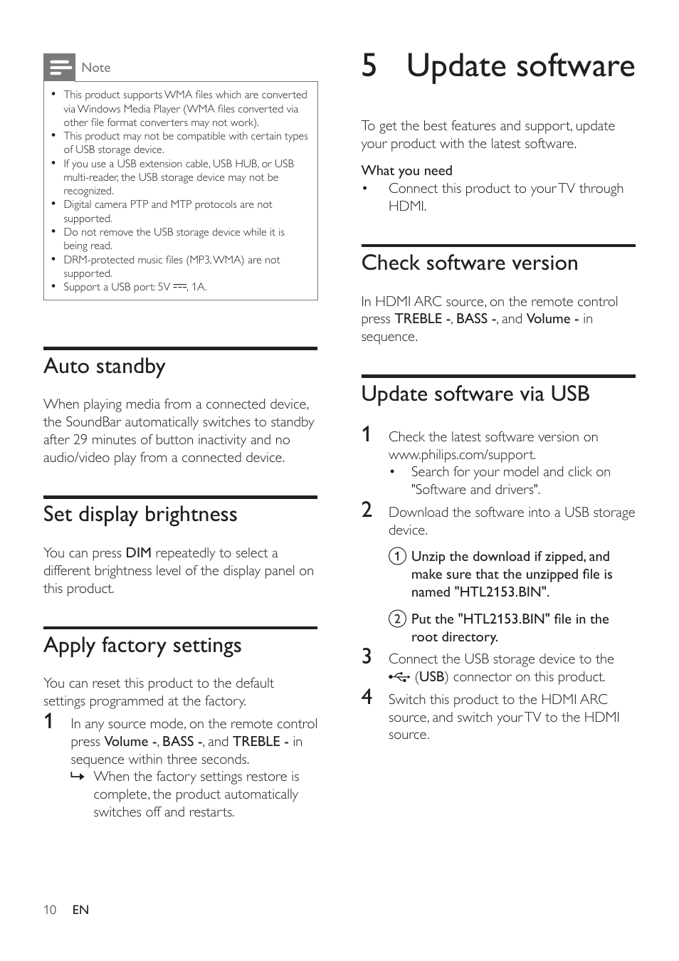 Usb storage devices, Auto standby, Set display brightness | Apply factory settings, 5 update software, Check software version, Update software via usb, Update software via usb 1 | Philips HTL2153B-F7 User Manual | Page 12 / 18