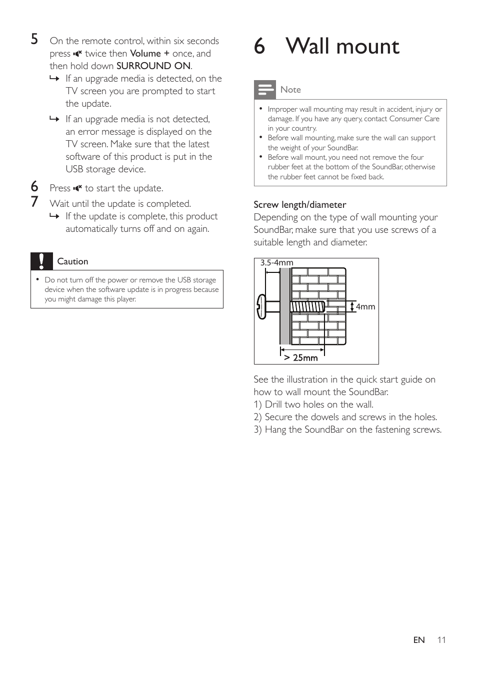 5 update software, Check software version, Update software via usb | 6 wall mount | Philips HTL2153B-F7 User Manual | Page 13 / 18