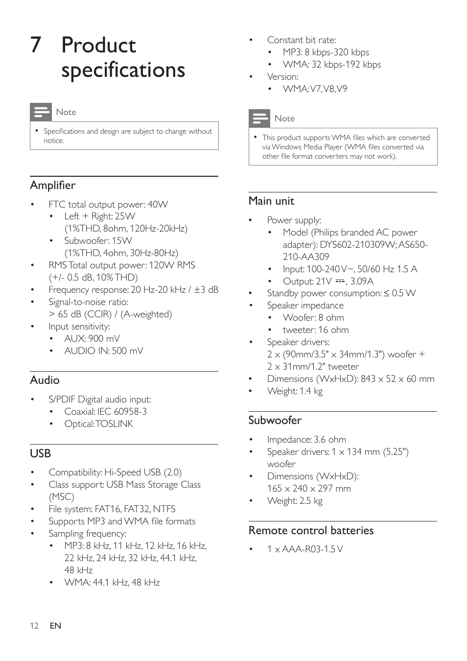 6 wall mount, 7 product specifications | Philips HTL2153B-F7 User Manual | Page 14 / 18