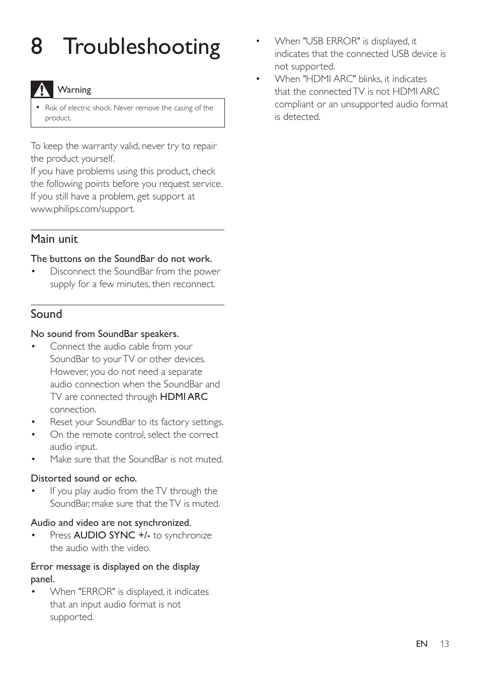 Amplifier, Audio, Main unit | Subwoofer, Remote control batteries, 7 product specifications, 8 troubleshooting, Sound | Philips HTL2153B-F7 User Manual | Page 15 / 18