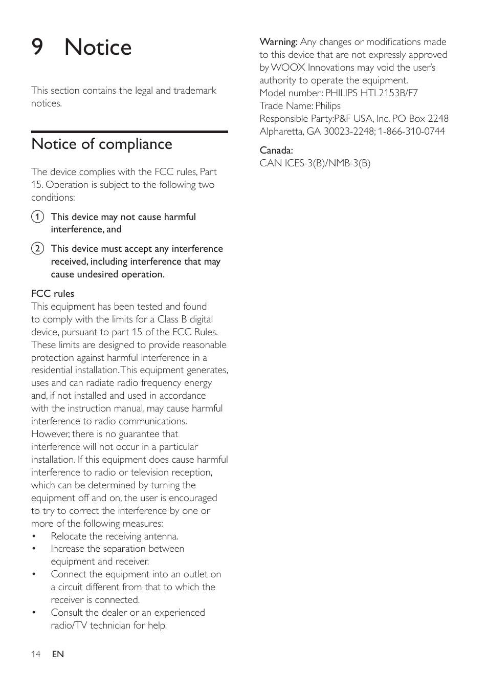 Main unit, Sound, 8 troubleshooting | 9 notice, Notice of compliance | Philips HTL2153B-F7 User Manual | Page 16 / 18