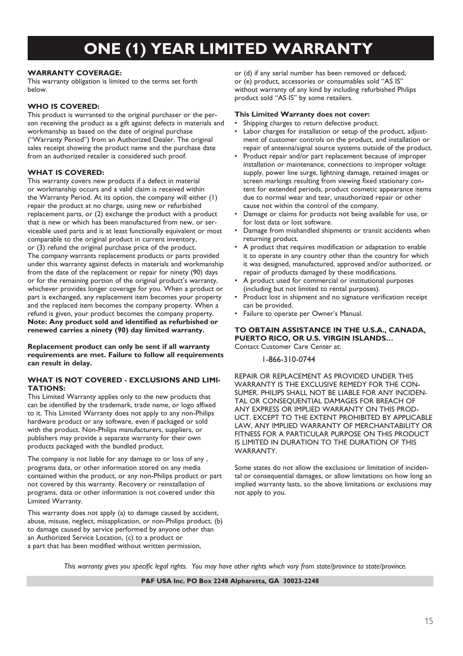 9 notice, Notice of compliance, One (1) year limited warranty | Philips HTL2153B-F7 User Manual | Page 17 / 18