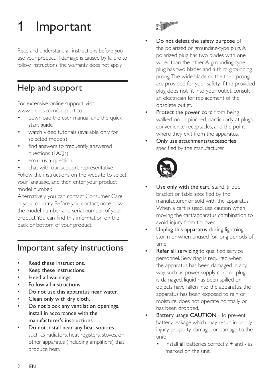 1 important, Help and support, Important safety instructions | Philips HTL2153B-F7 User Manual | Page 4 / 18