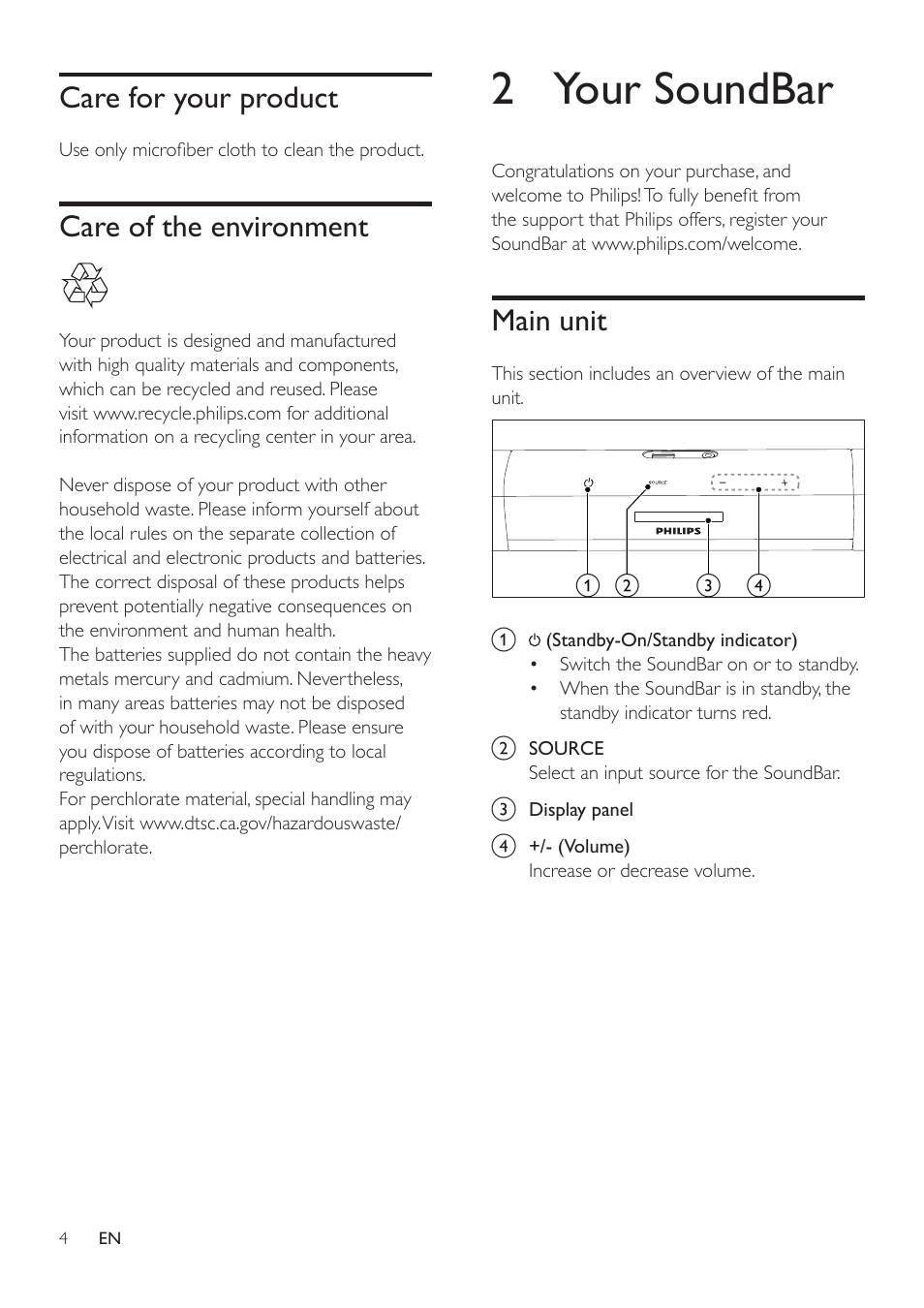 Care for your product, Care of the environment, 2 your soundbar | Main unit | Philips HTL2153B-F7 User Manual | Page 6 / 18