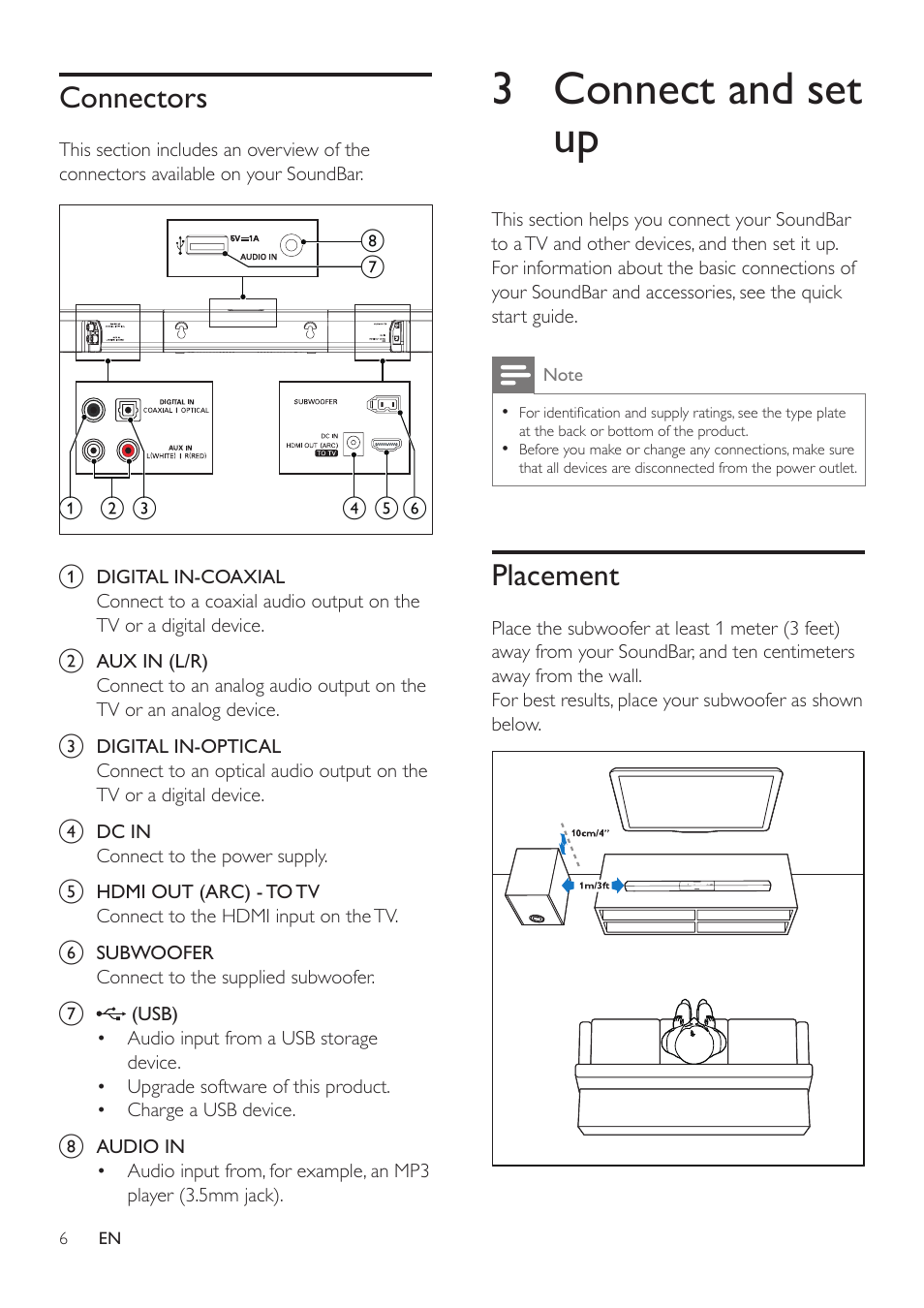 Connectors, 3 connect and set up, Placement | Philips HTL2153B-F7 User Manual | Page 8 / 18