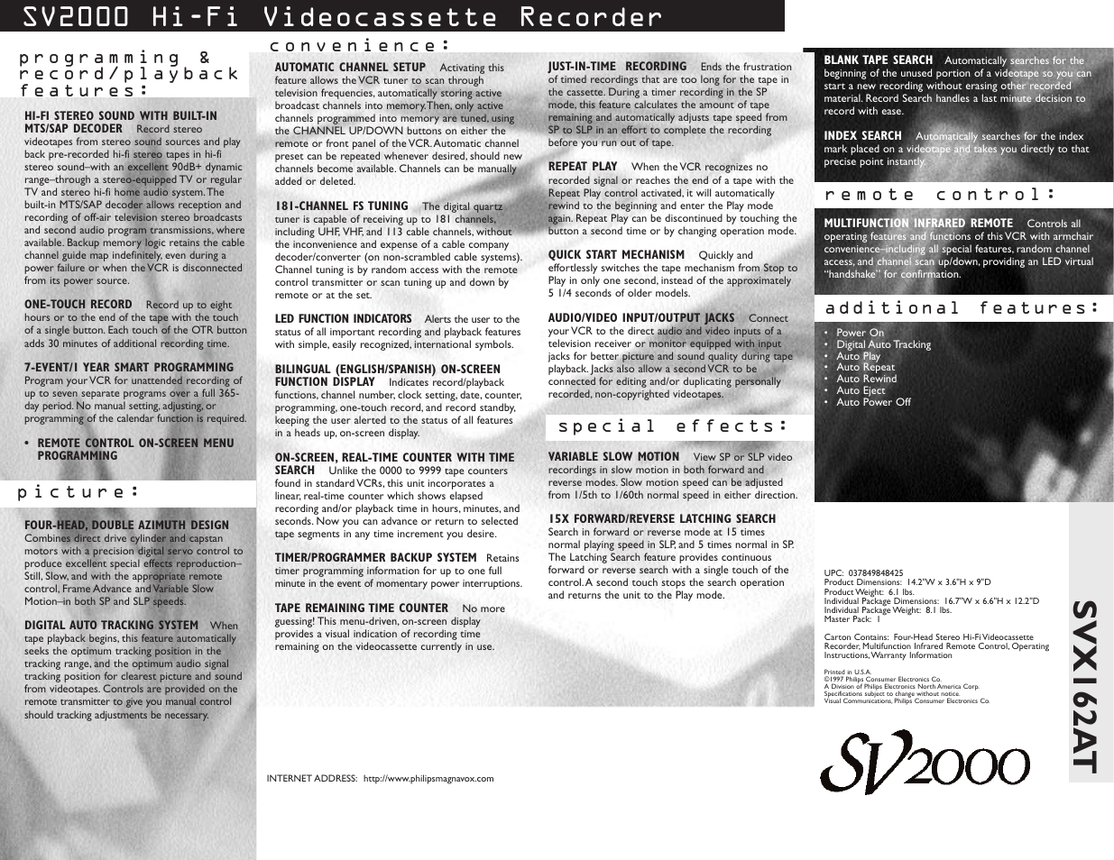 Svx162a t, Sv2000 hi-fi videocassette recorder | Philips SVX162AT User Manual | Page 2 / 2