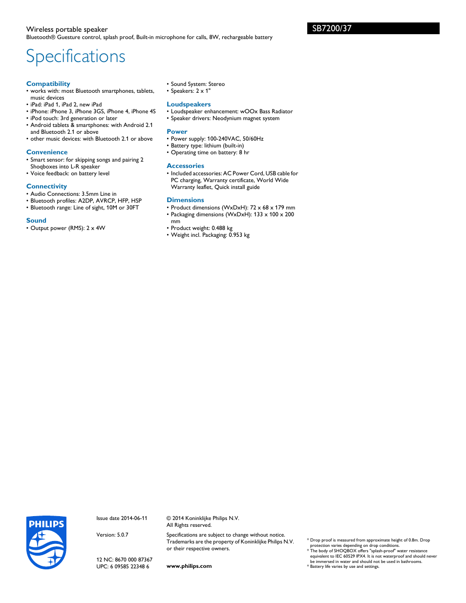 Specifications | Philips SB7200-37 User Manual | Page 3 / 3