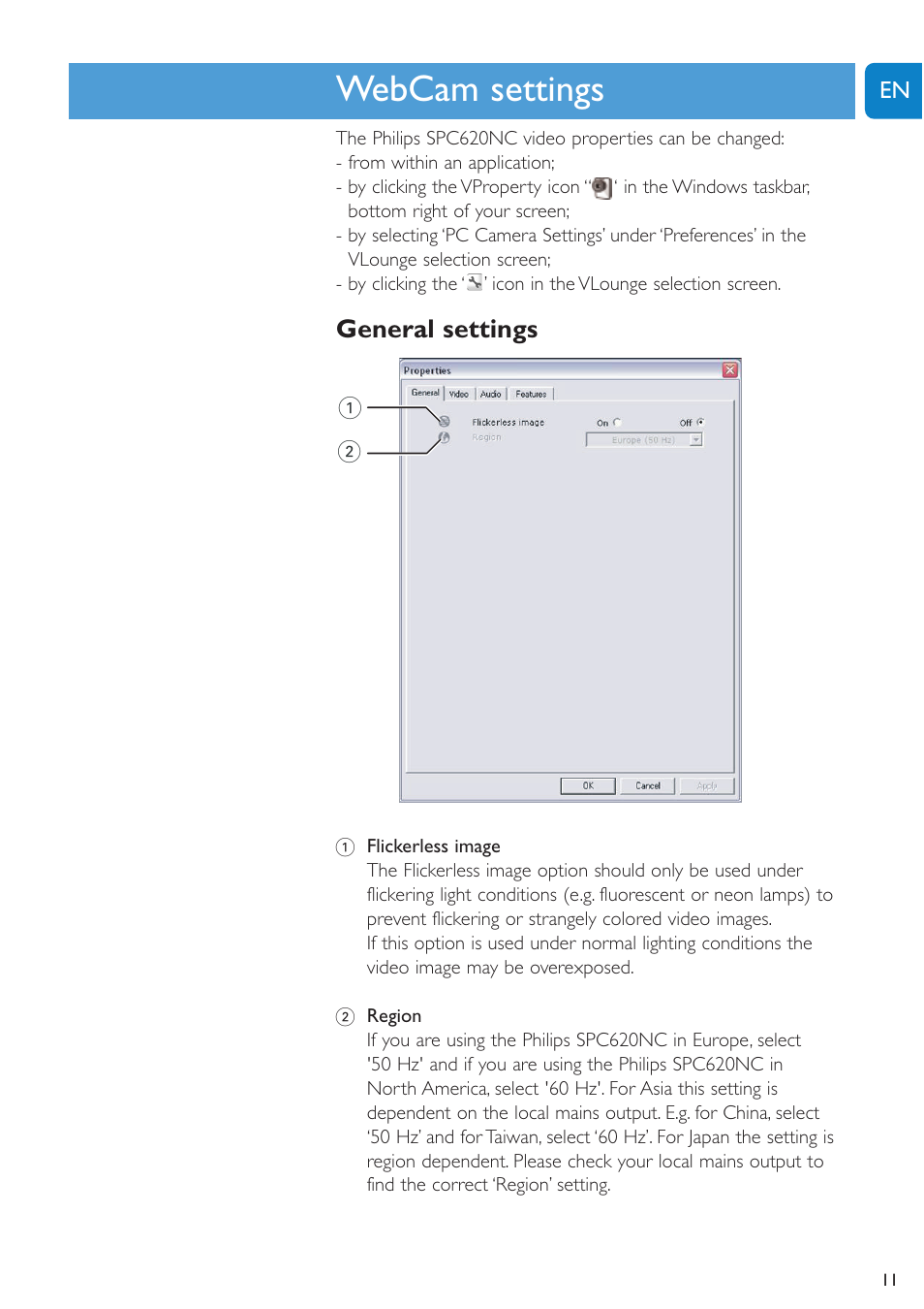 Chapter, Webcam settings, General settings | Philips SPC620NC-27 User Manual | Page 11 / 28