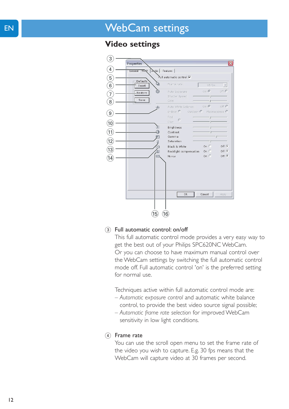 Chapter, Webcam settings | Philips SPC620NC-27 User Manual | Page 12 / 28