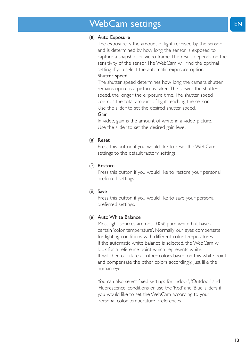 Chapter, Webcam settings | Philips SPC620NC-27 User Manual | Page 13 / 28