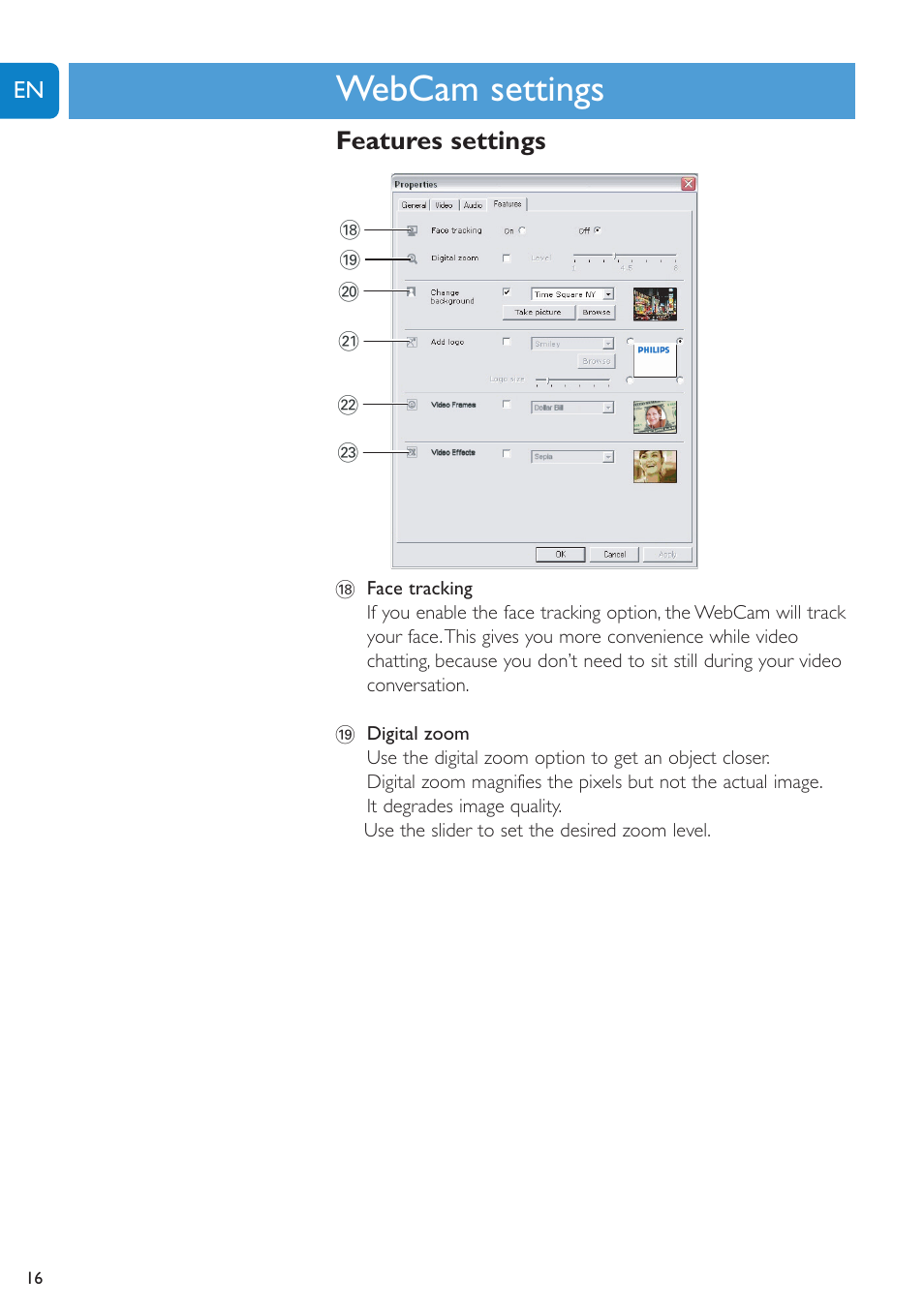 Chapter, Webcam settings, Features settings | Philips SPC620NC-27 User Manual | Page 16 / 28