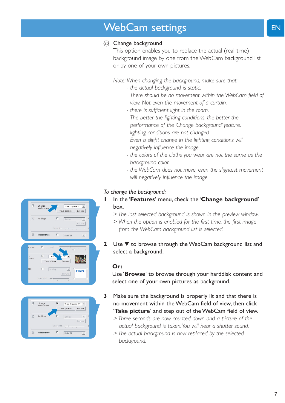 Chapter, Webcam settings | Philips SPC620NC-27 User Manual | Page 17 / 28