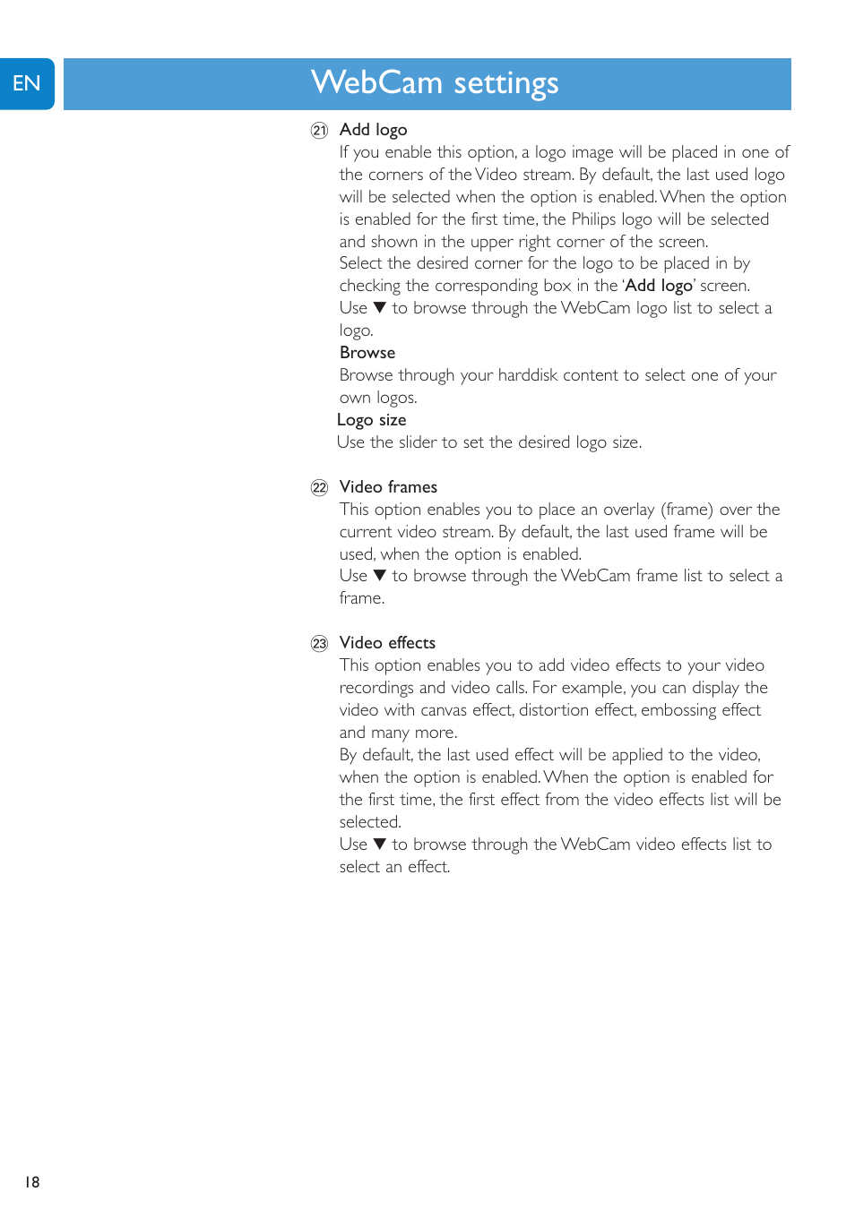 Chapter, Webcam settings | Philips SPC620NC-27 User Manual | Page 18 / 28