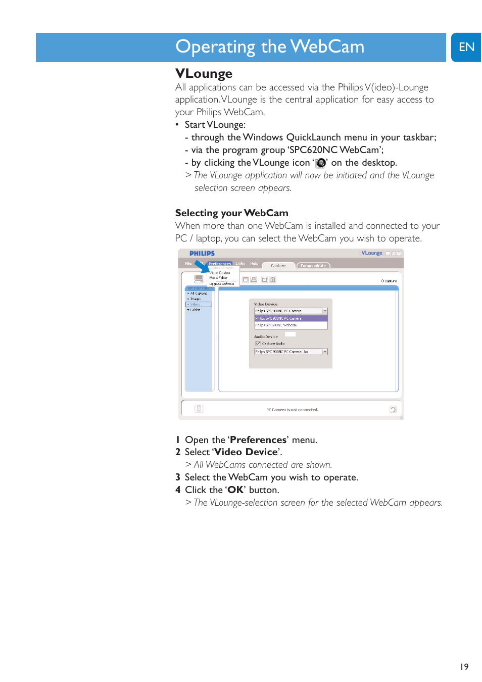 Chapter, Operating the webcam, Vlounge | Philips SPC620NC-27 User Manual | Page 19 / 28