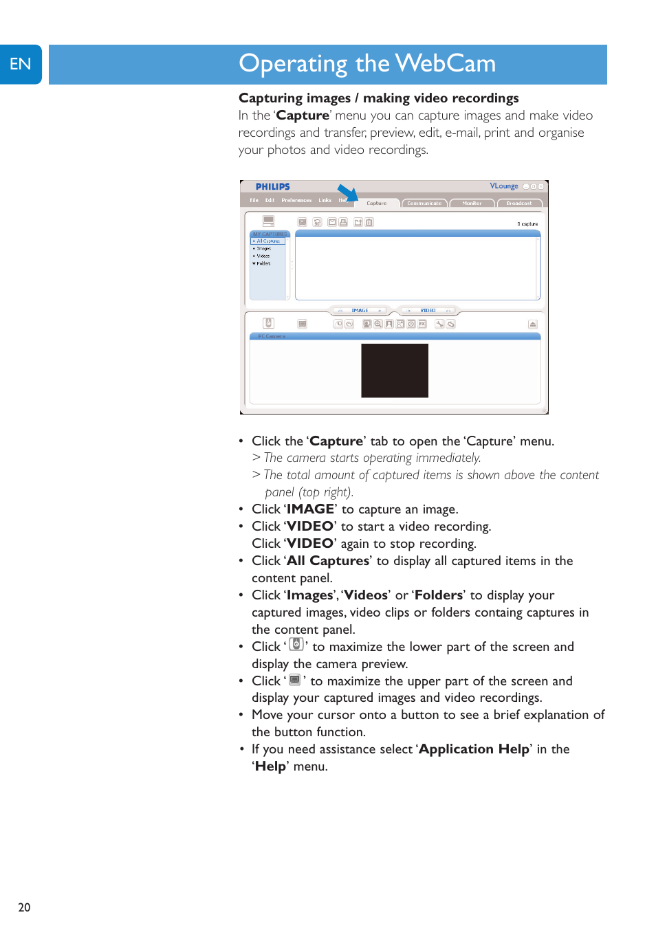 Chapter, Operating the webcam | Philips SPC620NC-27 User Manual | Page 20 / 28