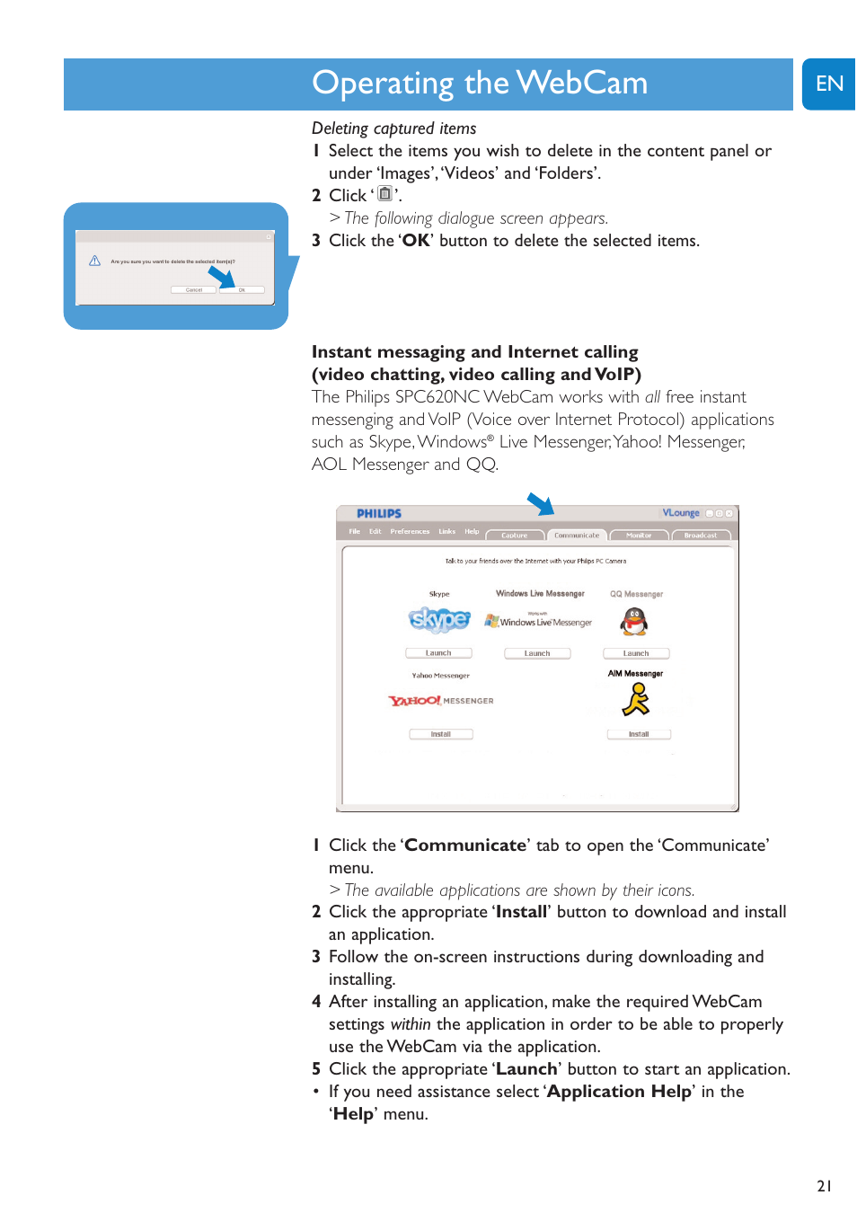 Chapter, Operating the webcam | Philips SPC620NC-27 User Manual | Page 21 / 28