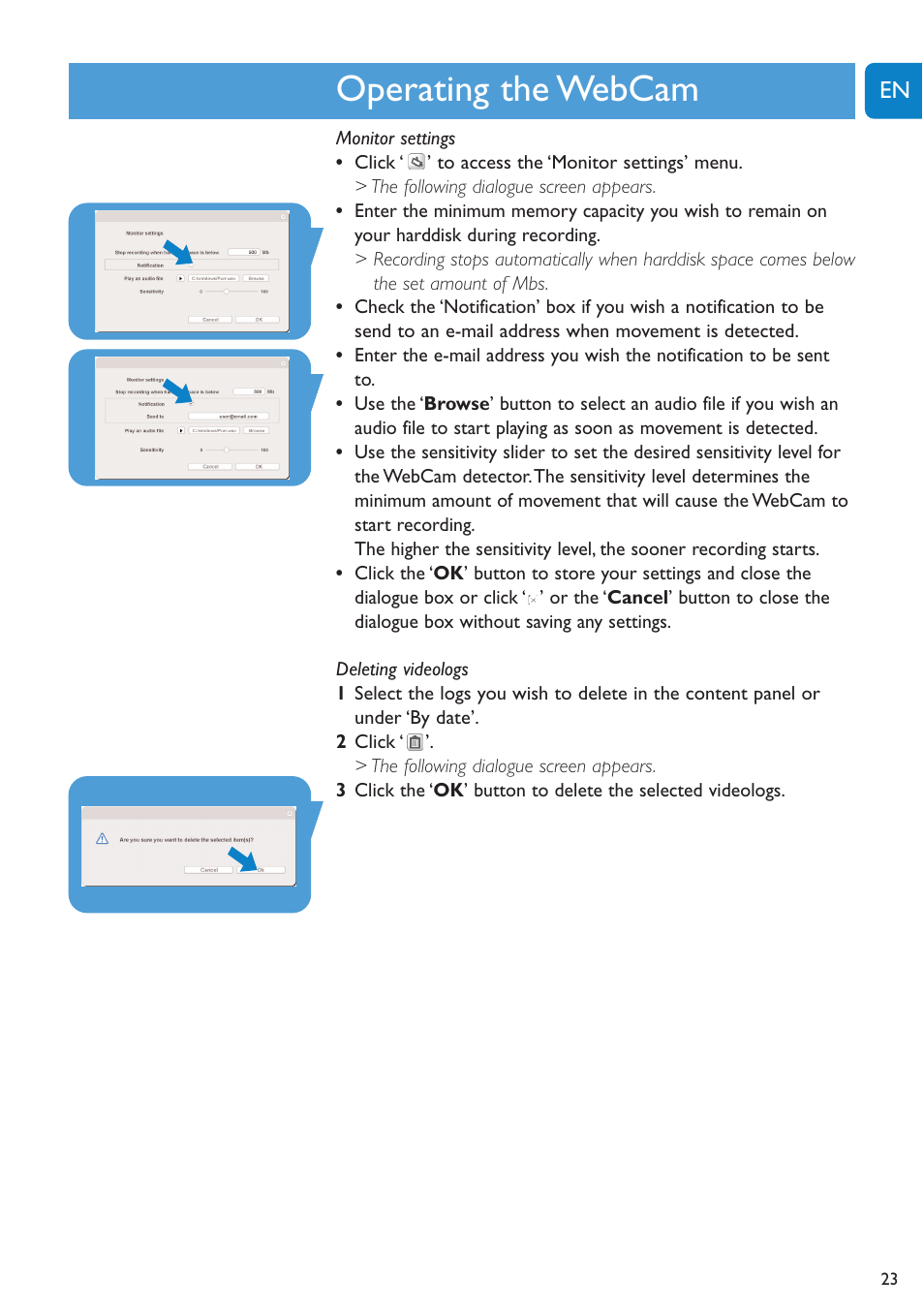 Chapter, Operating the webcam | Philips SPC620NC-27 User Manual | Page 23 / 28