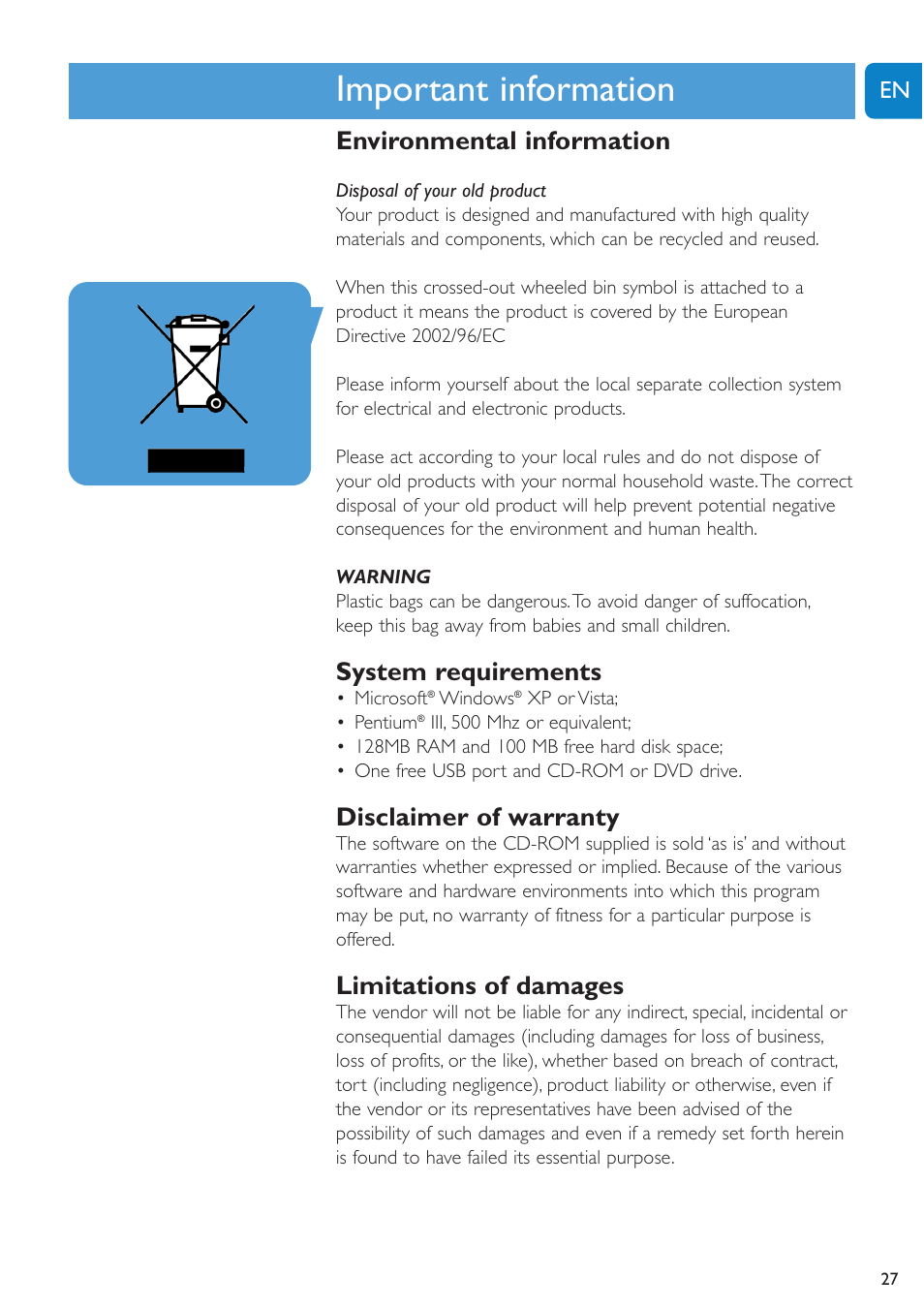 Important information, Environmental information, System requirements | Disclaimer of warranty, Limitations of damages | Philips SPC620NC-27 User Manual | Page 27 / 28