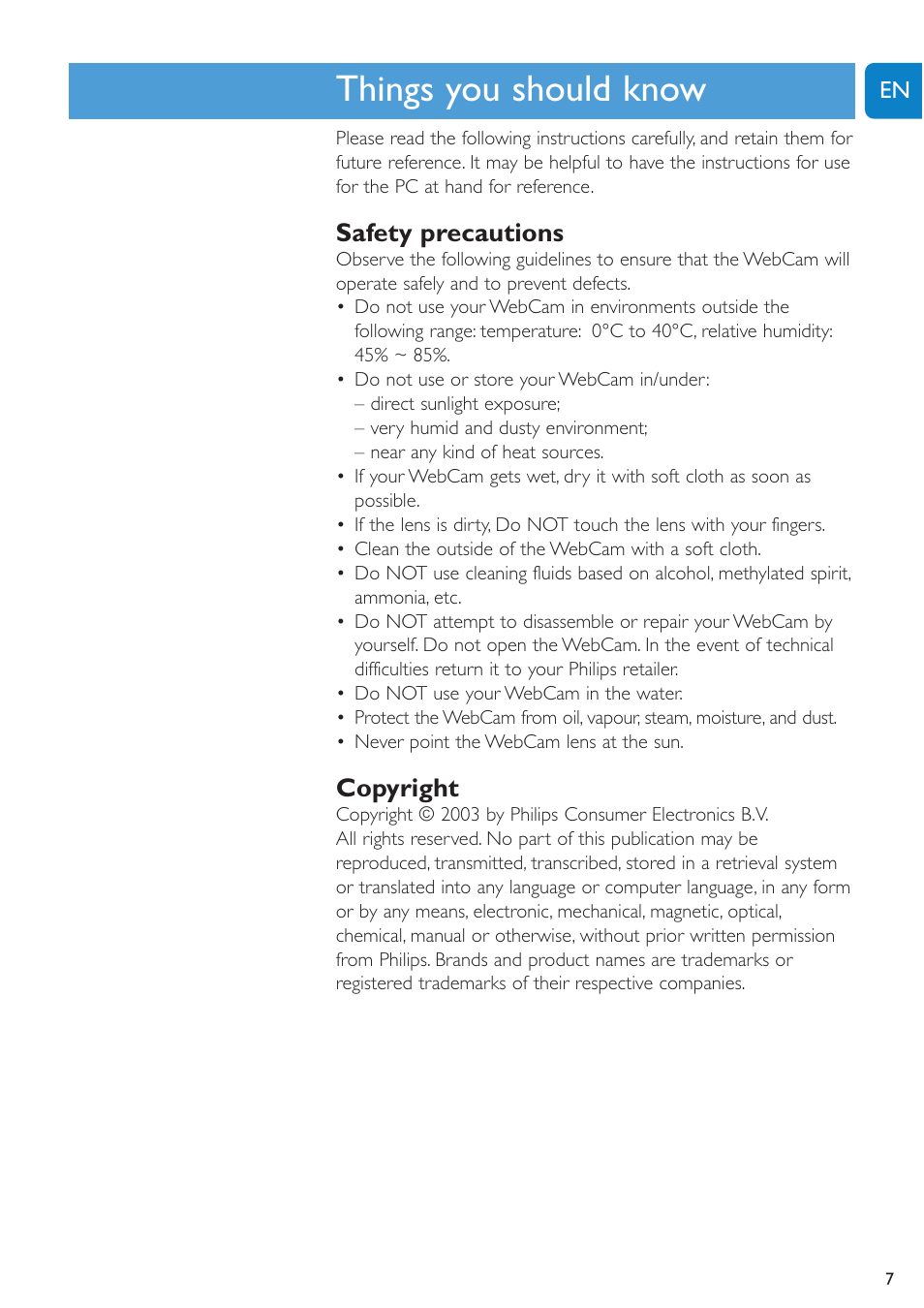 Chapter, Things you should know, Safety precautions | Copyright | Philips SPC620NC-27 User Manual | Page 7 / 28