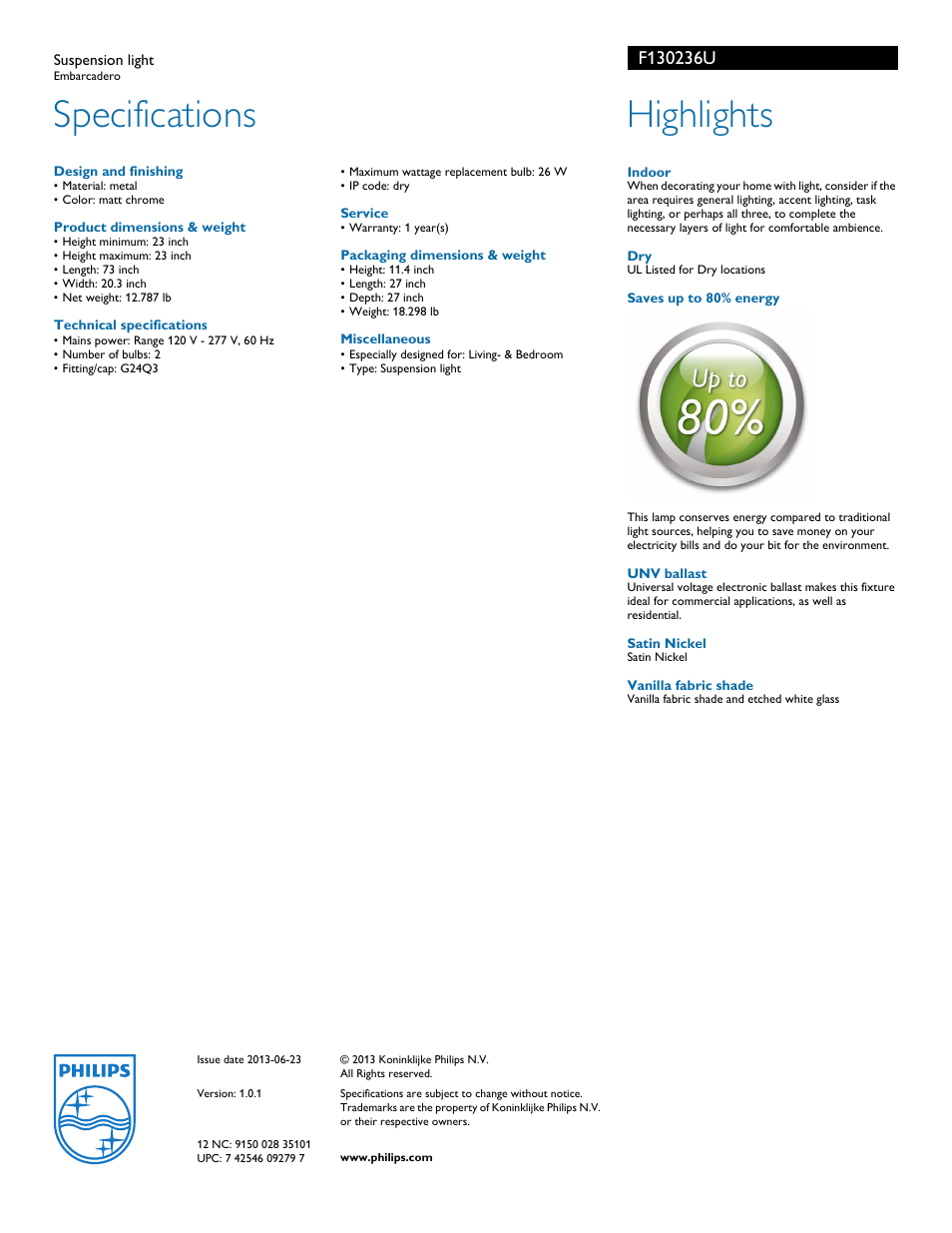 Specifications, Highlights | Philips Forecast Suspension light F1302-36-U Embarcadero User Manual | Page 2 / 2