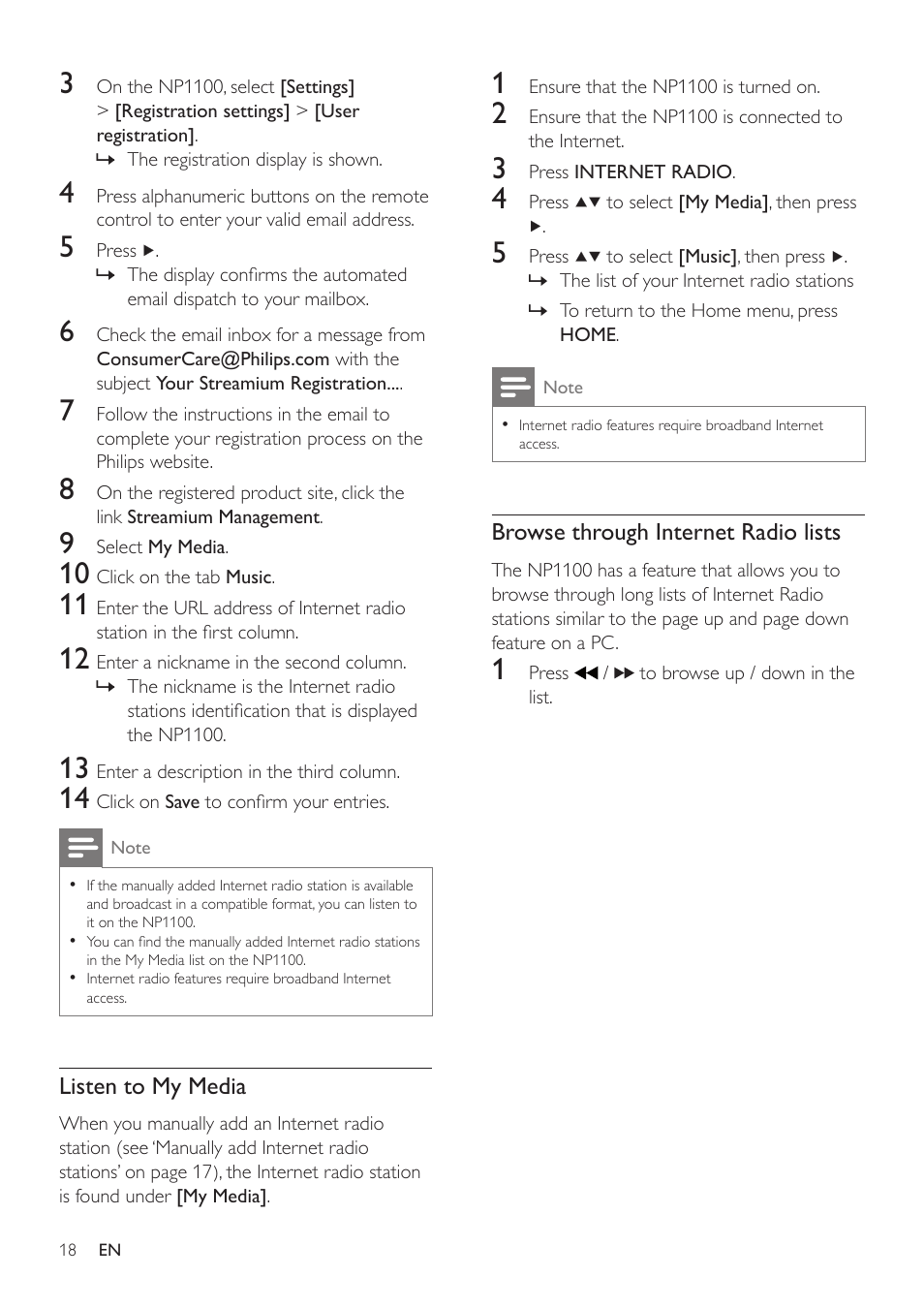 Listen to my media, Browse through internet radio lists | Philips NP1100-37B User Manual | Page 17 / 36