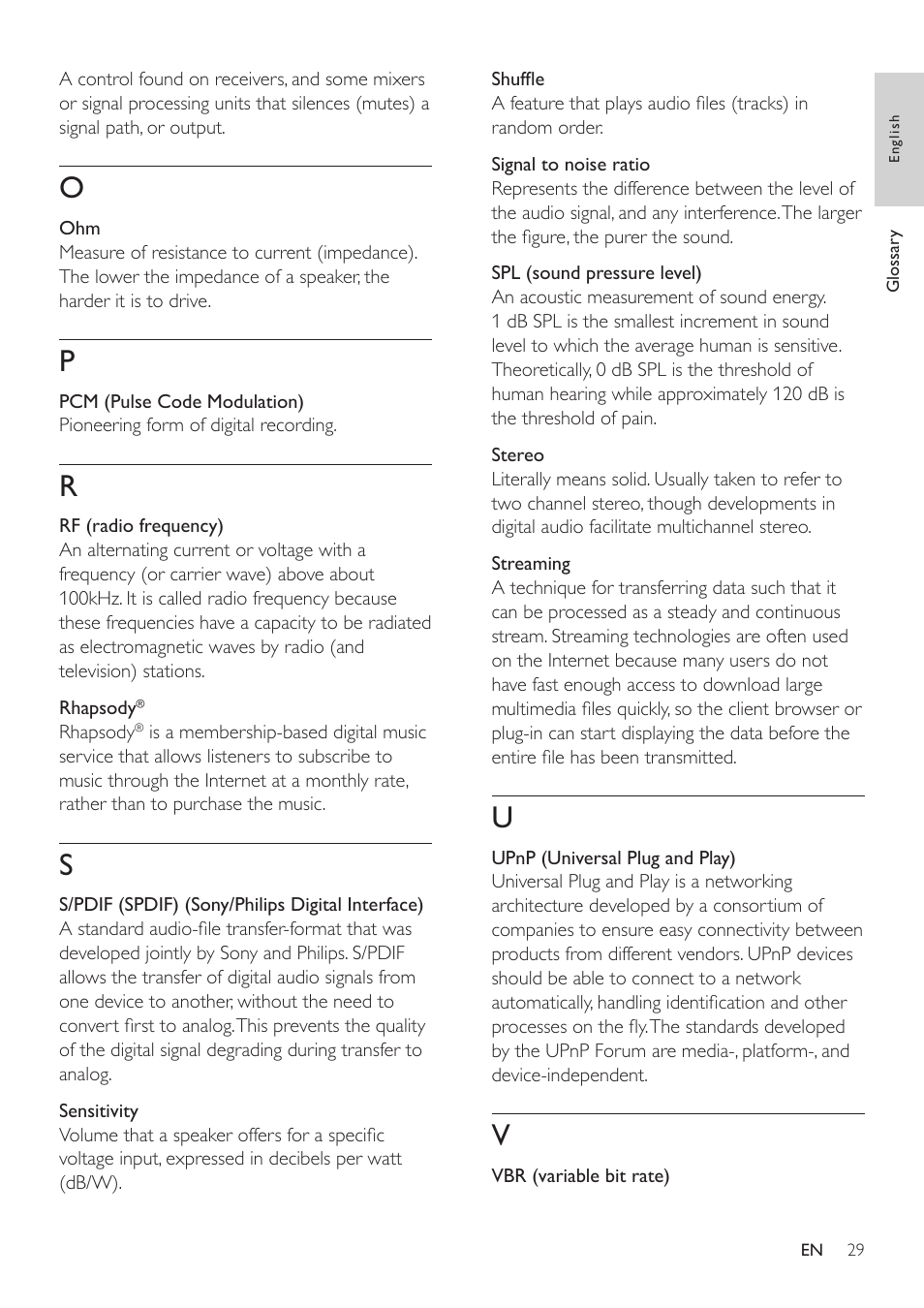 Pcm (pulse code modulation), Rf (radio frequency), Rhapsody | S/pdif (spdif) (sony/philips digital interface), Sensitivity, Shuffle, Signal to noise ratio, Spl (sound pressure level), Stereo, Streaming | Philips NP1100-37B User Manual | Page 28 / 36