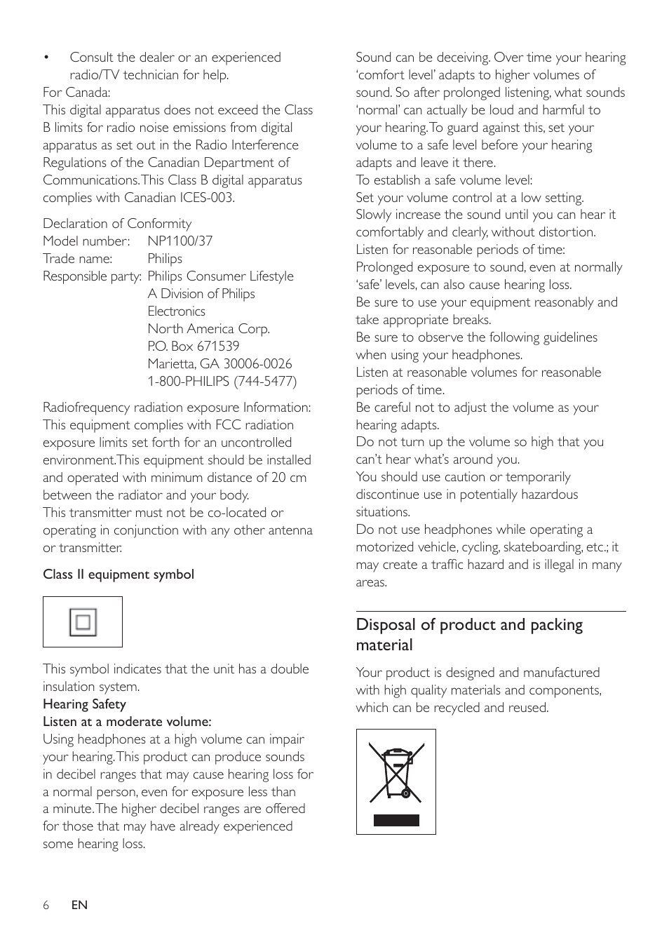 Disposal of product and packing material | Philips NP1100-37B User Manual | Page 5 / 36