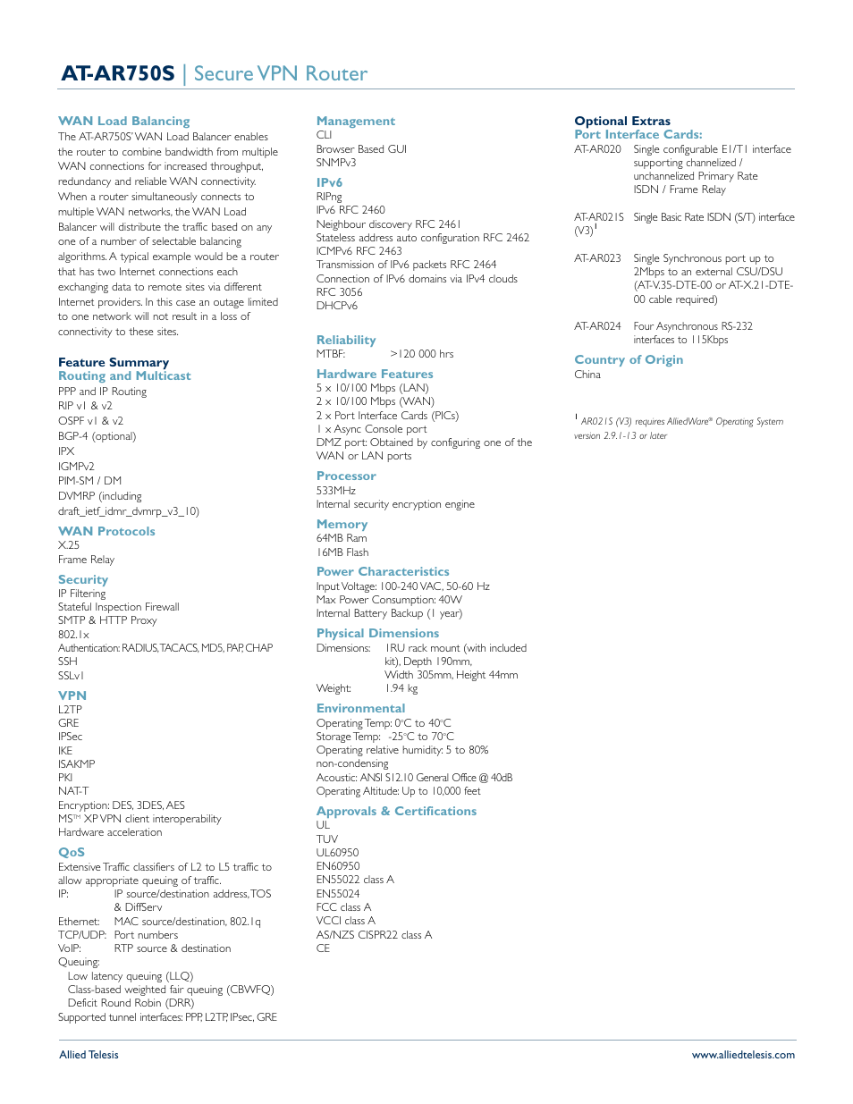 At-ar750s | secure vpn router | Allied Telesis AT AR750S AT-AR750S User Manual | Page 2 / 5