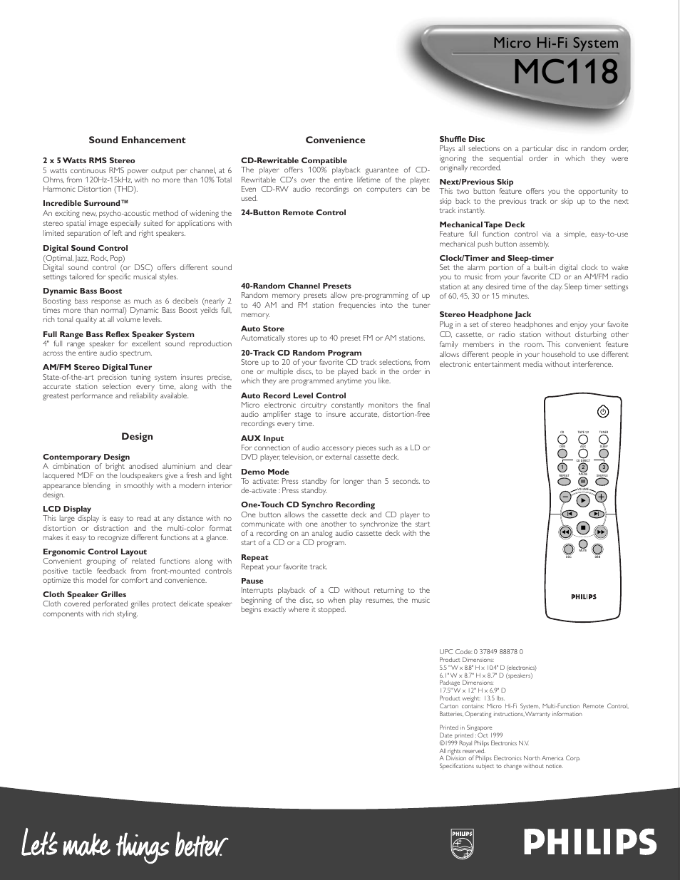 Mc118, Micro hi-fi system, Sound enhancement | Design, Convenience | Philips Micro systems User Manual | Page 2 / 2