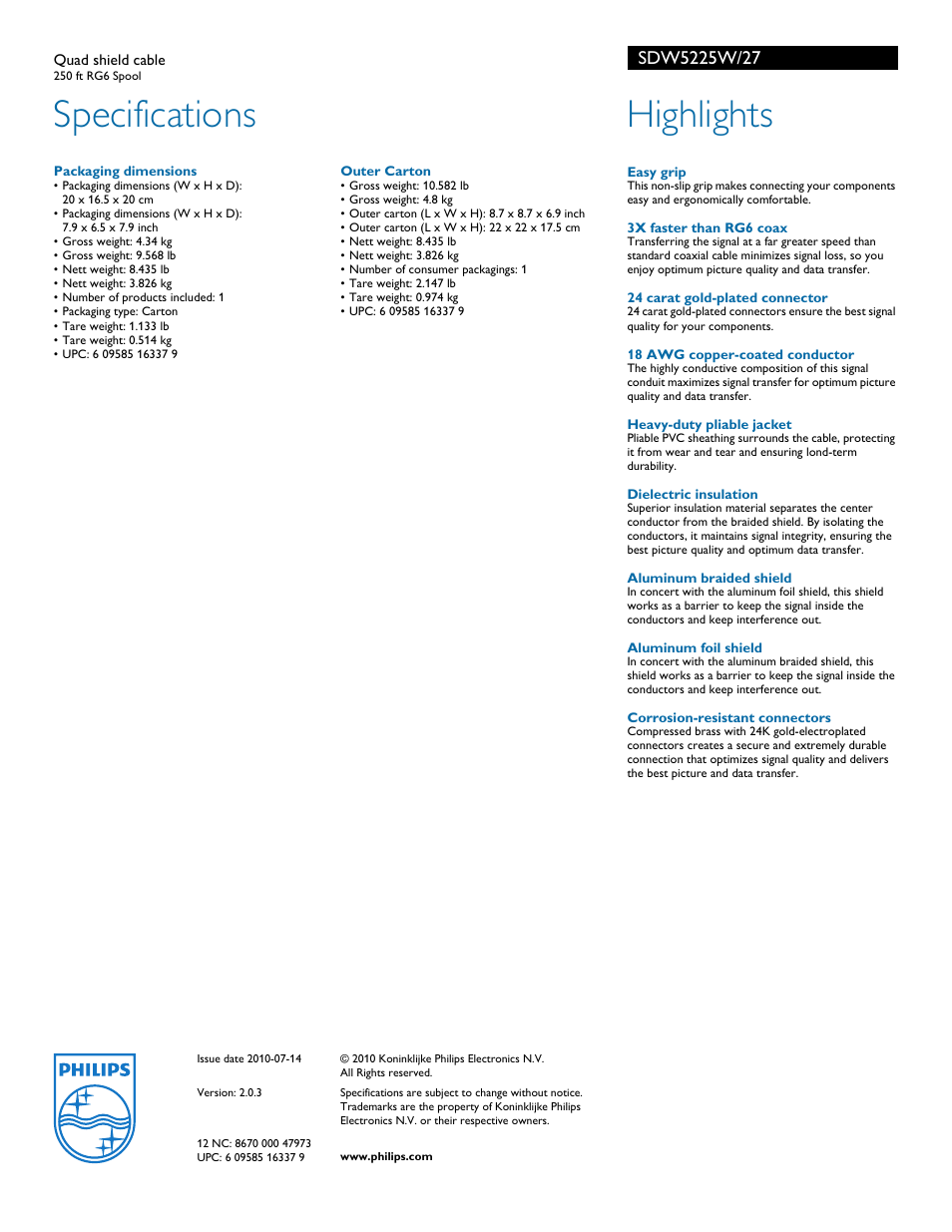 Specifications, Highlights | Philips SDW5225W-27 User Manual | Page 2 / 2