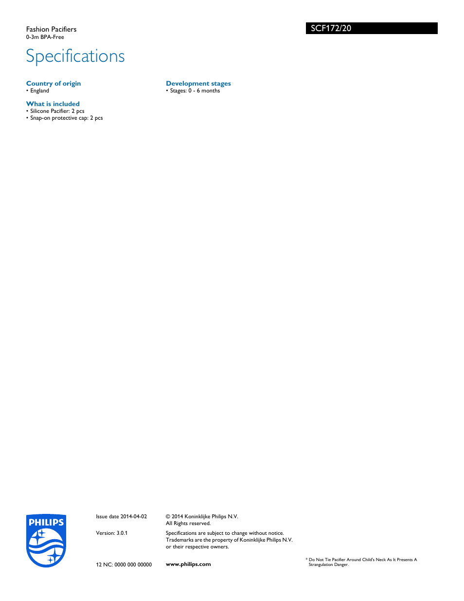 Specifications | Philips SCF172-20 User Manual | Page 2 / 2