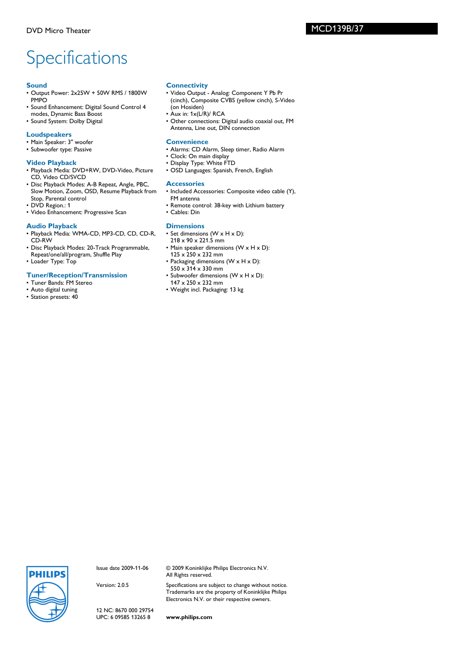 Specifications | Philips MCD139B-37B User Manual | Page 3 / 3